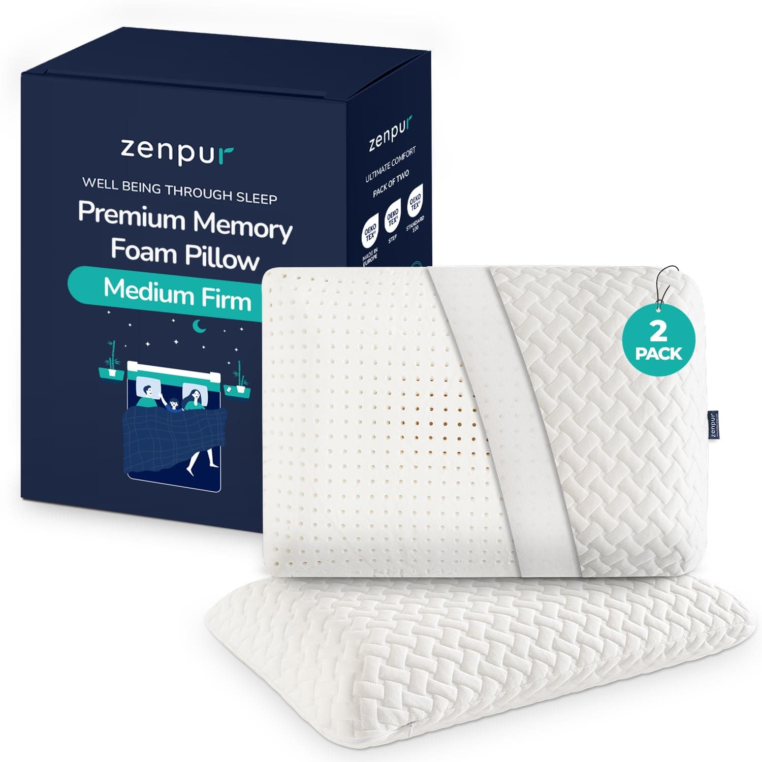 ZenPur Memory Foam Pillow - Orthopedic Neck Support, EU-Made, Side Sleeper Pillow with Bamboo Cover, Alleviates Neck, Shoulder Pain, and Aids Spine Alignment, Medium Firm 2 Pack