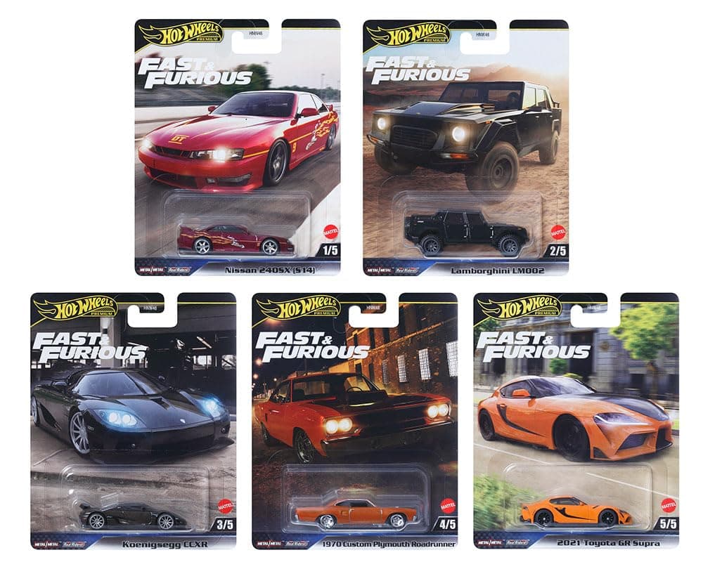 1:64 Scale Diecast Model Car Compatible with Hot Wheels Premium 2025 Fast & Furious L Case, Set of 5 Cars, HNW46-956L