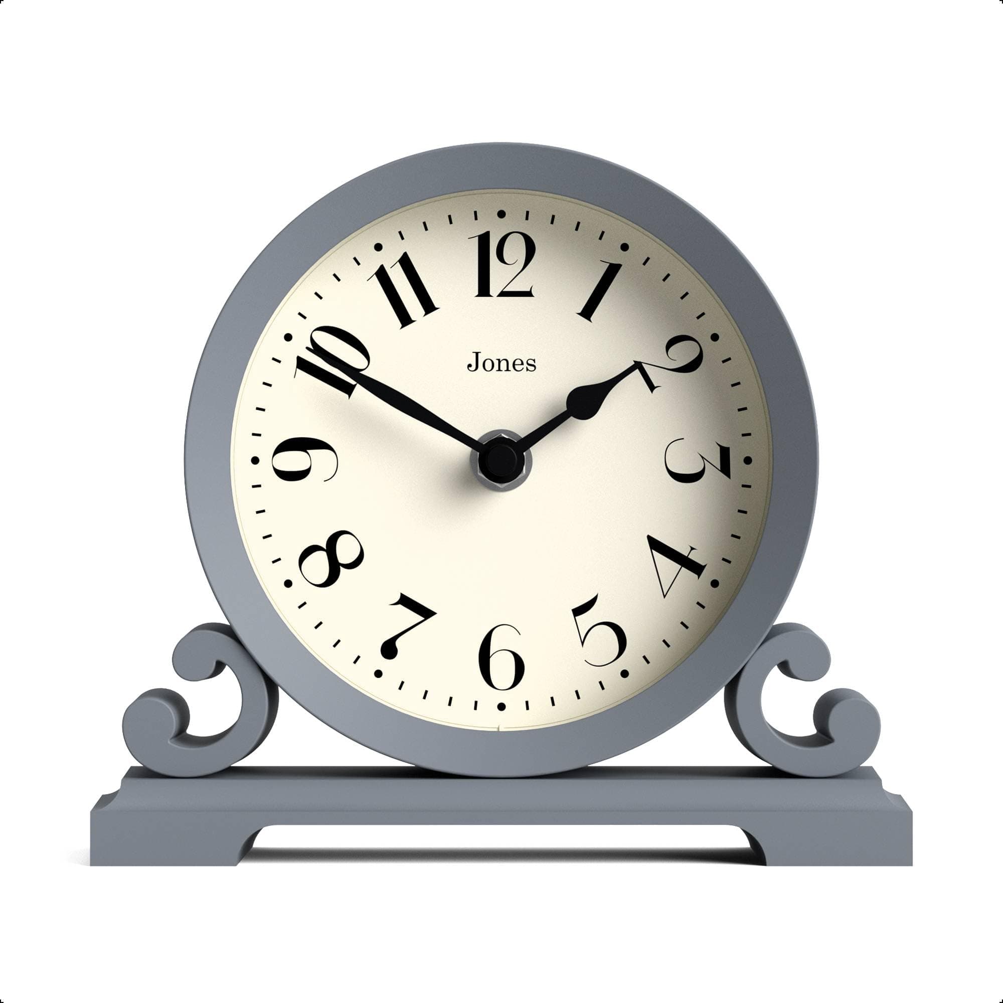 JONES CLOCKS® Saloon Mantel Clock | Small Traditional Double Scroll Design | French Navy | Contemporary Classic Style for Desk, Table, Shelf or Bedside