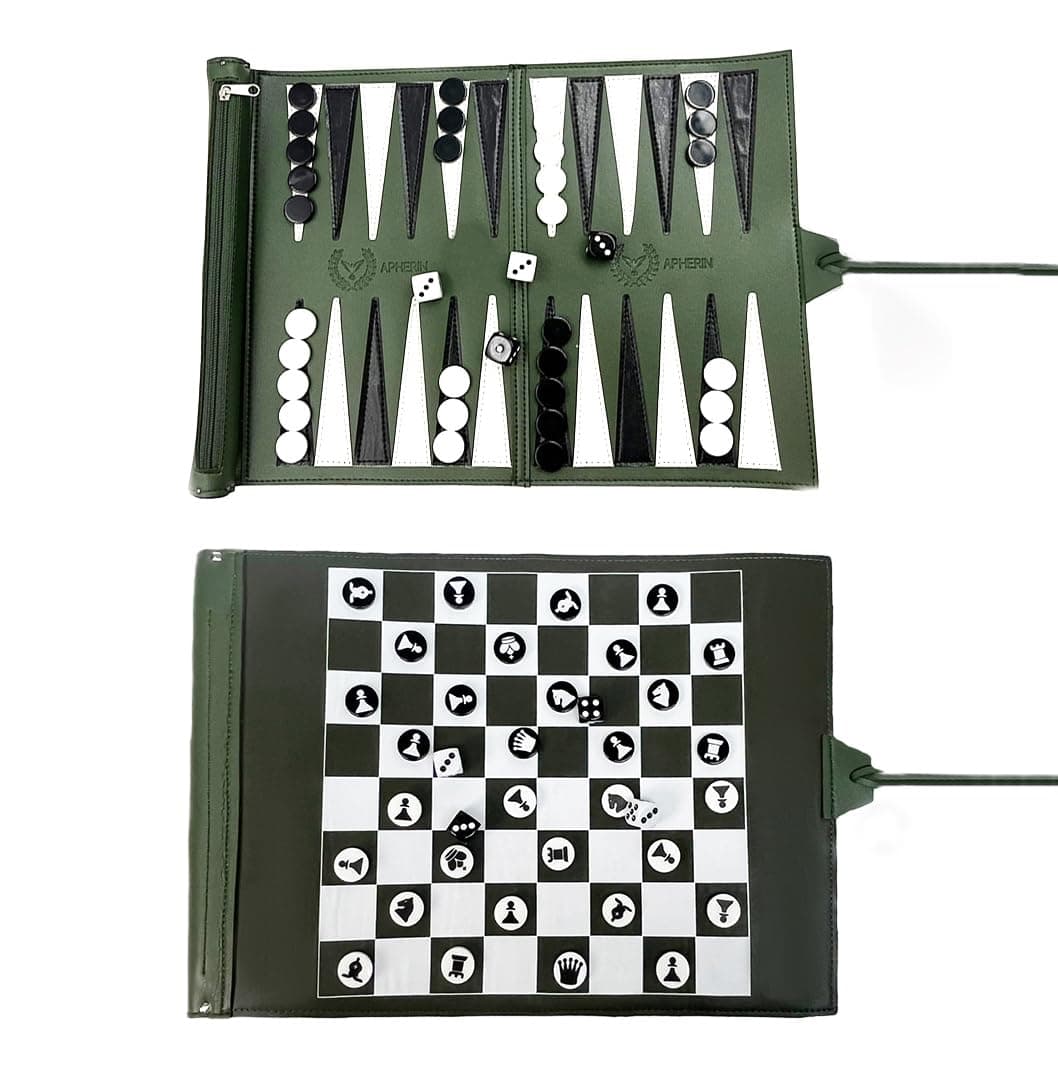 Apherin Rollable Travel Backgammon, Chess, Checkers 3 in 1 Set - Double Sided Piece Design for Chess (Green)