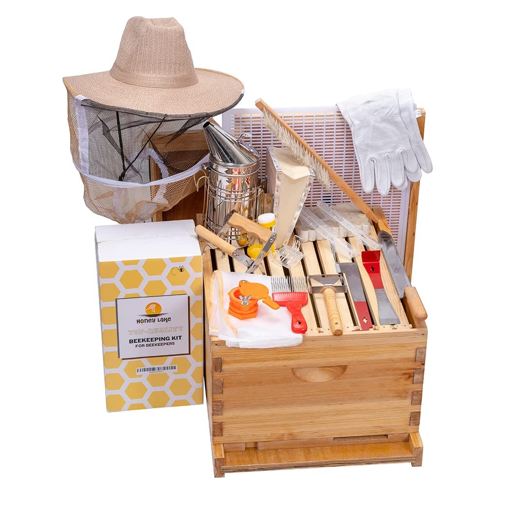 10 Frame Bee Hive Starter Kit and Beekeeping Supplies, Beeswax Coated Bee Hives Boxes Starter Kit with Beehive Tool Kit Includes Bee Smoker Beekeeper Hat