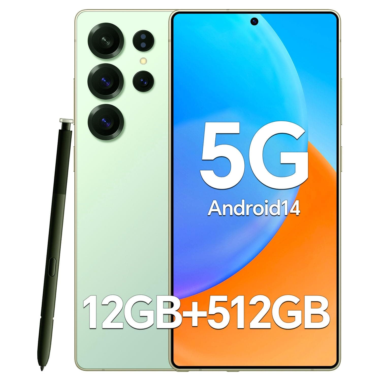 Unlocked Cell Phone C25 Ultra 5G,12+512GB Memory Android Phone, 6800mAh Battery,108MP+48MP Camera, Android 14 Smartphone, 6.9HD Screen, Build in Pen, Dual SIM/Face ID/Fingerprint Lock/GPS/(Green)