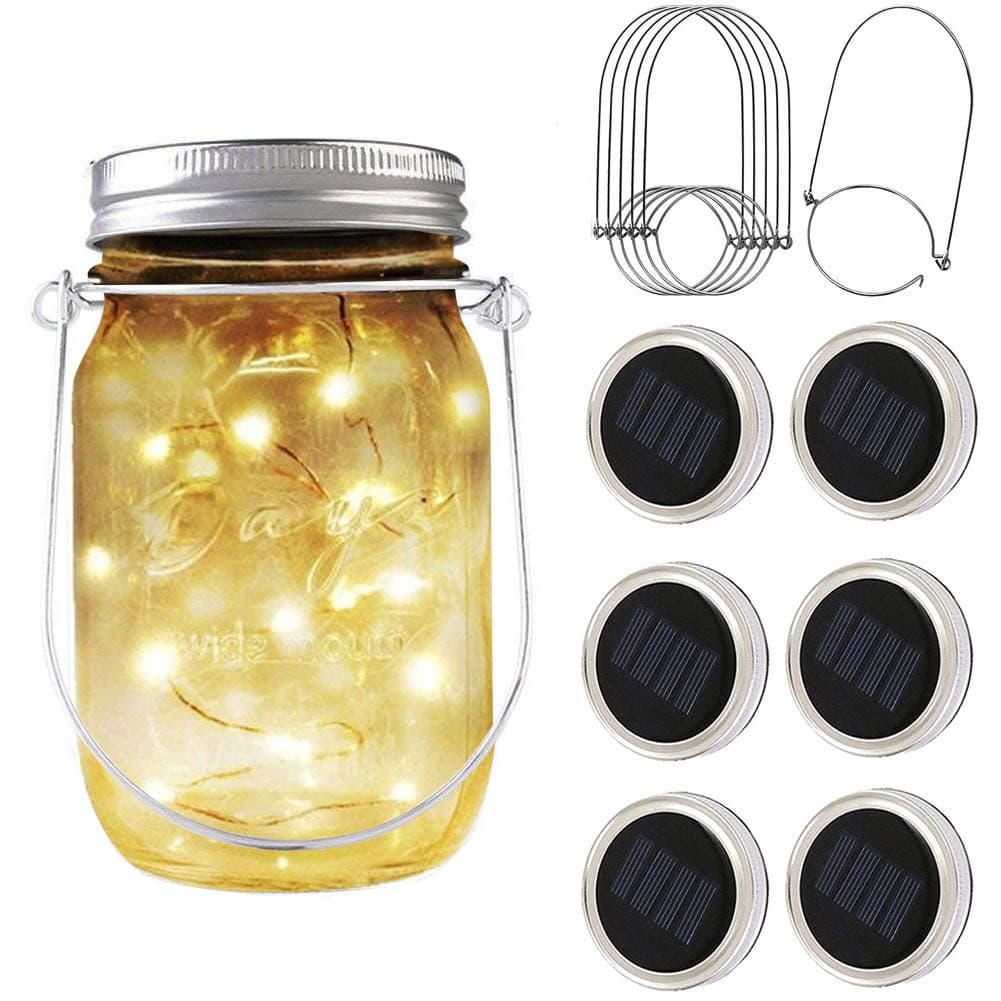6 Pack Solar Mason Jar Lid Lights, 20 LED Jar Lid Fairy String Lights with 6 Hangers, Decorations for Party Garden Patio Path Christmas, Warm White(Jar NOT Included)