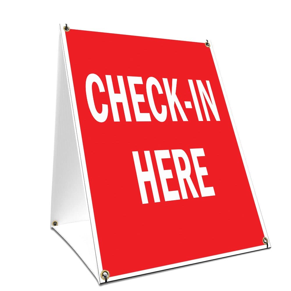 SignMission A-frame Sidewalk Check-in Here Sign With Graphics On Each Side | 18" X 24" Print Size