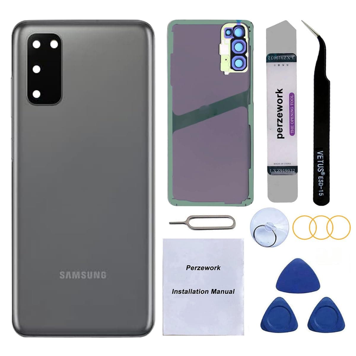OEM Rear Back Glass Replacement for Samsung Galaxy S20 6.2 inches with Reparing Toolkit and Pre-Installed Adhesive (Cosmic Gray)