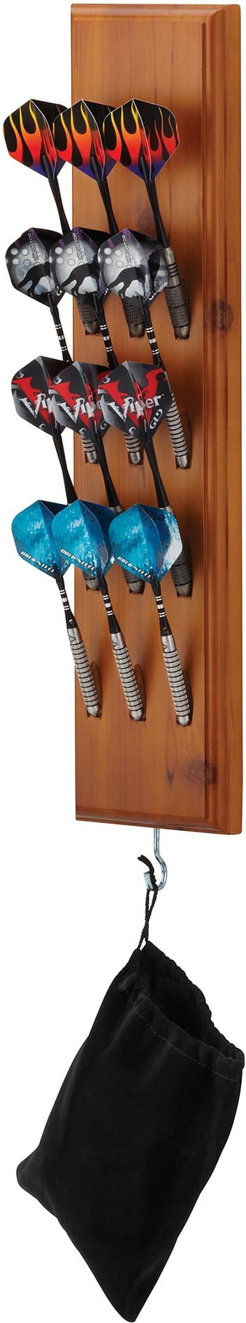 Viper Dart Caddy Solid Wood Wall Mounted Dart Holder/Stand with Accessory Storage Bag, Displays 4 Sets of Steel/Soft Tip Darts, Compatible with All Sisal & Electronic Dartboards, Surrounds & Cabinets