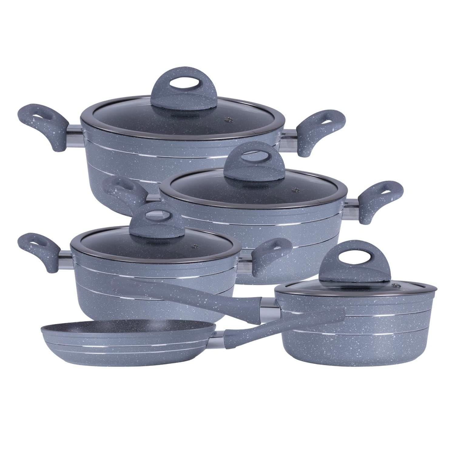 Royalford Smart Forged Aluminium Cookware Set, Grey, RF9555, 9 Pieces Scratch Resistant, Tempered Glass Lids, 2.5MM Body Thickness, Bakelite Knobs, and CD Bottom