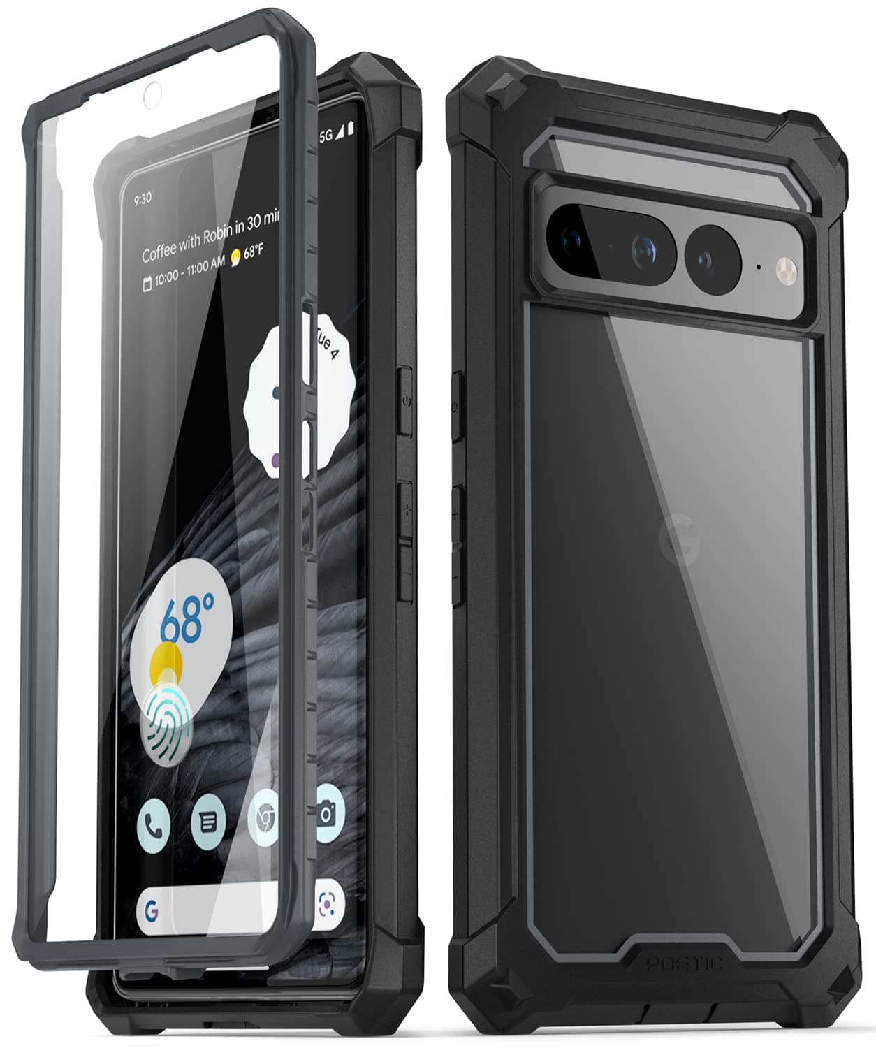 Guardian Case Compatible with Pixel 7 Pro 5G, Built-in Screen Protector Work with Fingerprint ID, Full Body Hybrid Shockproof Protective Rugged Clear Bumper Cover Case, Black/Clear
