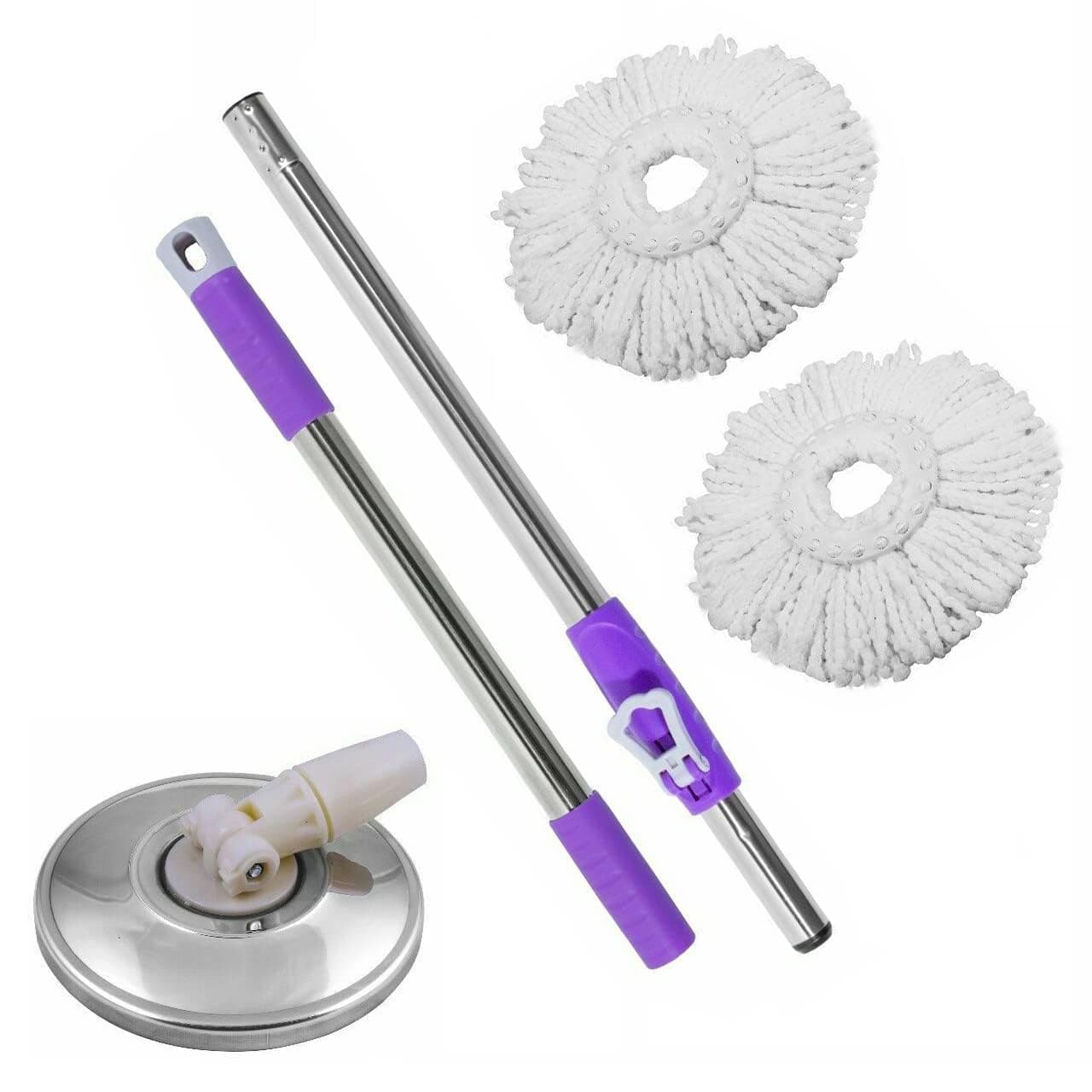 Neez Replacement Mop Heads with Handles - 360° Rotating, Spinning, Extendable & Foldable For Cleaning Floors - Washable & Reusable - Microfiber (Mop Handle with 2 Heads - Purple)