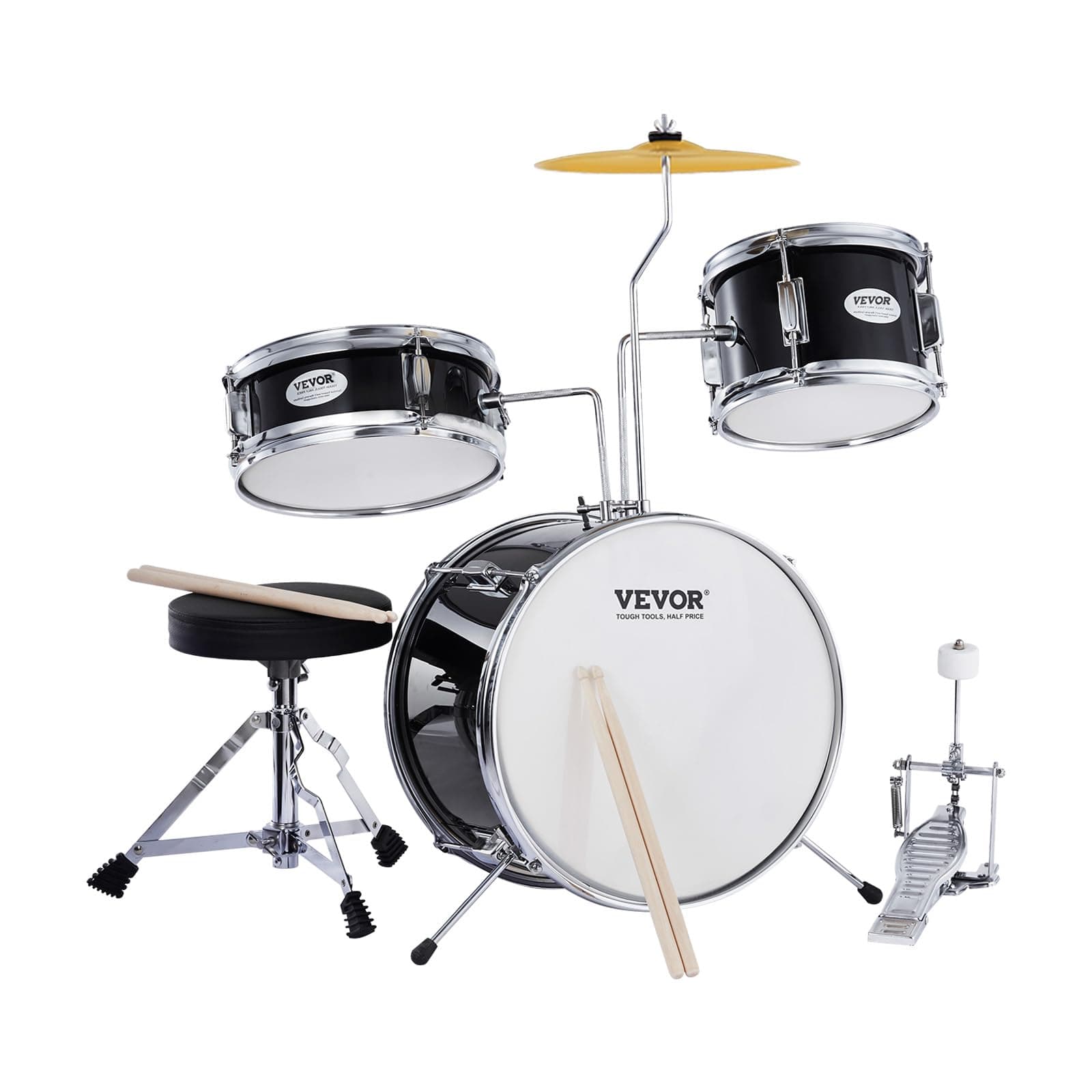 VEVOR Kids Drum Set, 14 in 3-Piece Beginner Drum Sets Junior Drums Set with Adjustable Throne, Two Pairs of Drumsticks, Cymbal, Pedal,Tom Snare Bass, Starter Drum Kit for Children, Black
