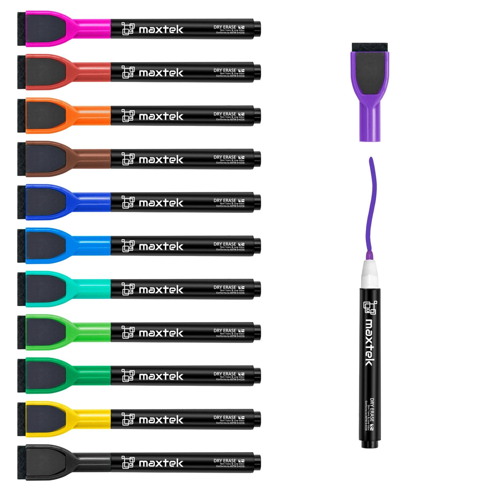 Maxtek Whiteboard Pens: Fine Tip Dry Wipe Pens, Assorted Colours, Magnetic, Low Odour, Erasable with Eraser