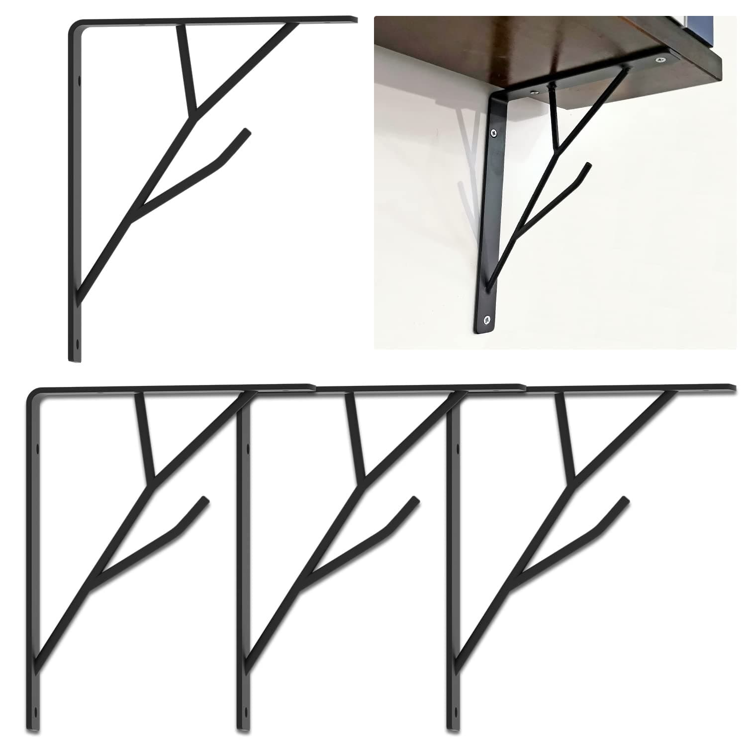 Decorative Shelf Brackets, Black Floating Shelf Bracket 8 Inch Heavy Duty Hardware Rustic Tree Branch 4 Packs Black Waaliji