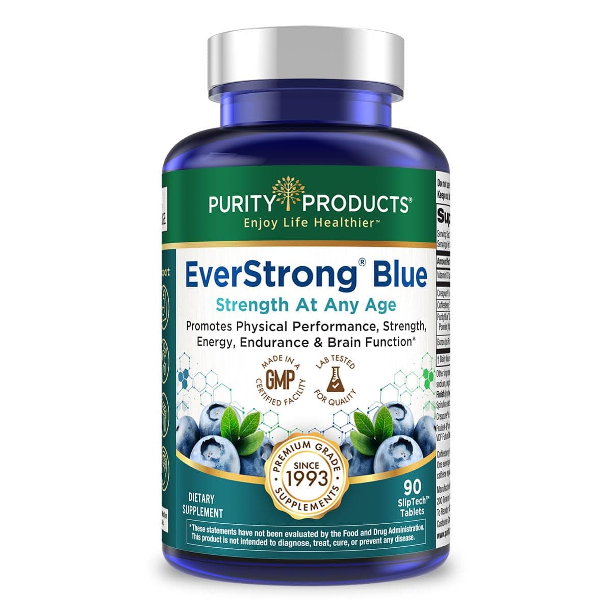 Purity Products EverStrong Blue Strength Building + Brain Boosting w/Muscle Matrix Blend ft. Creatine Monohydrate + More, PurityBlue Organic Blueberry Complex, 1000 IU Vitamin D3-90 Tablets