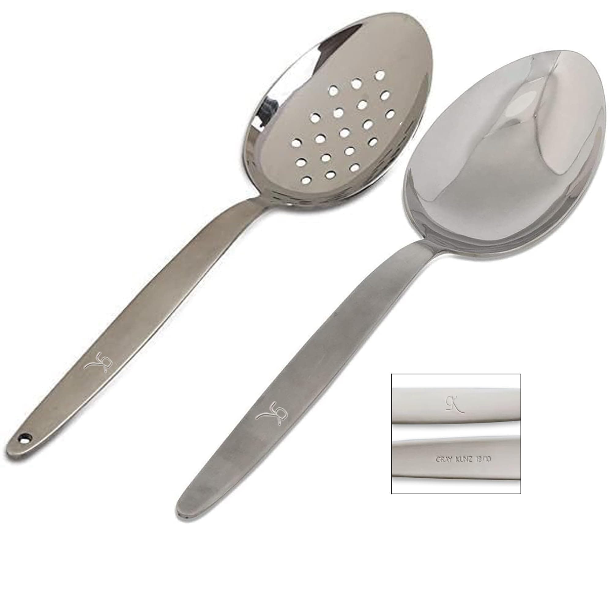 Kunz Perforated and Regular Set | Pack of 2 | 9 Inch 18/10 Stainless Steel Cooking Serving Spoon | Daily Chef, Basting, Quenelle, Saucing, Plating Spoon | Dishwasher safe