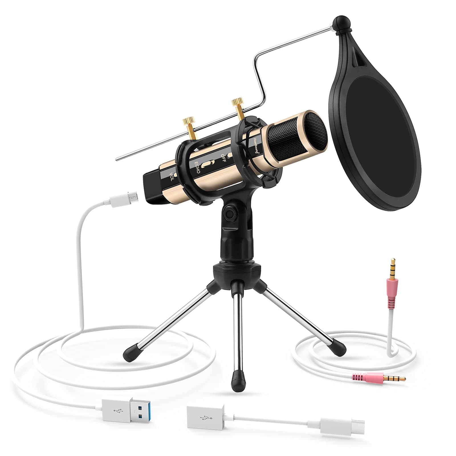 ZealSound USB Microphone Condenser Recording Kit, Plug & Play Microphone for Phone, Laptop, Windows, ASMR Garageband Smule Stream & YouTube Video Studio Voice Overs Broadcast (Rose Gold)