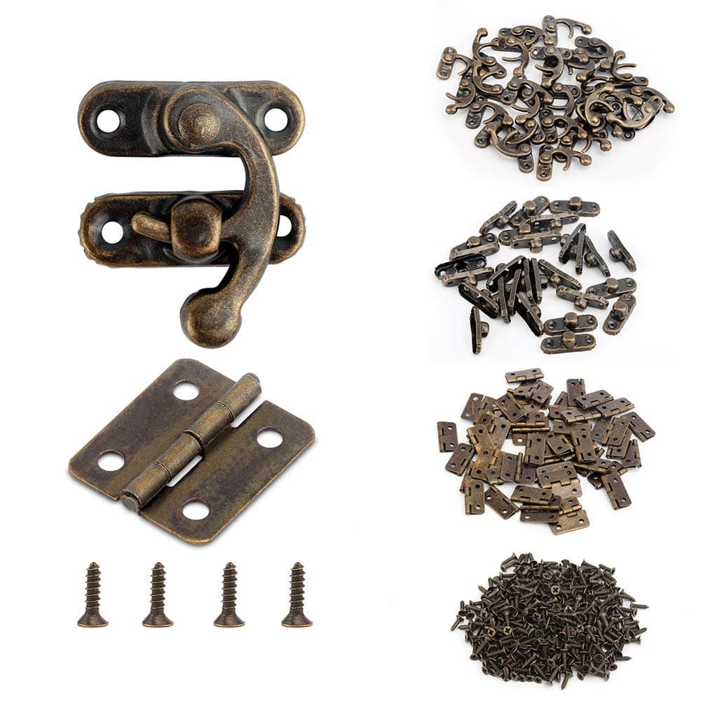 Alcoon 50 Sets Antique Bronze Mini Hinges and 30 Sets Antique Right Latch Hook Hasp with Replacement Screws for Wood Jewelry Box - Bronze Tone