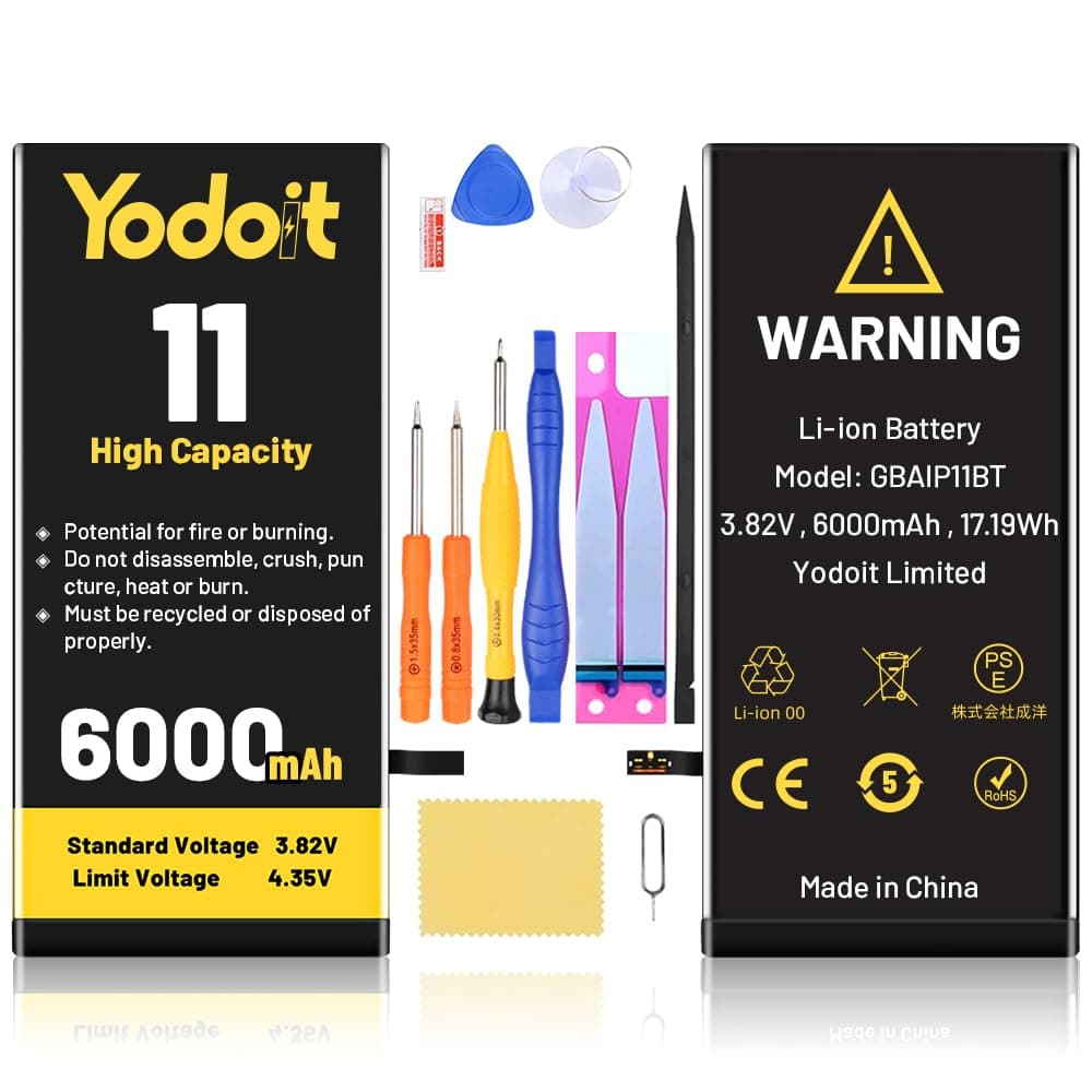 for iPhone 11 Battery Replacement 6000mAh Battery High Capacity 0 Cycle Replacement for Model A2111, A2221, A2223 with Repair Tool Kit & Adhesive