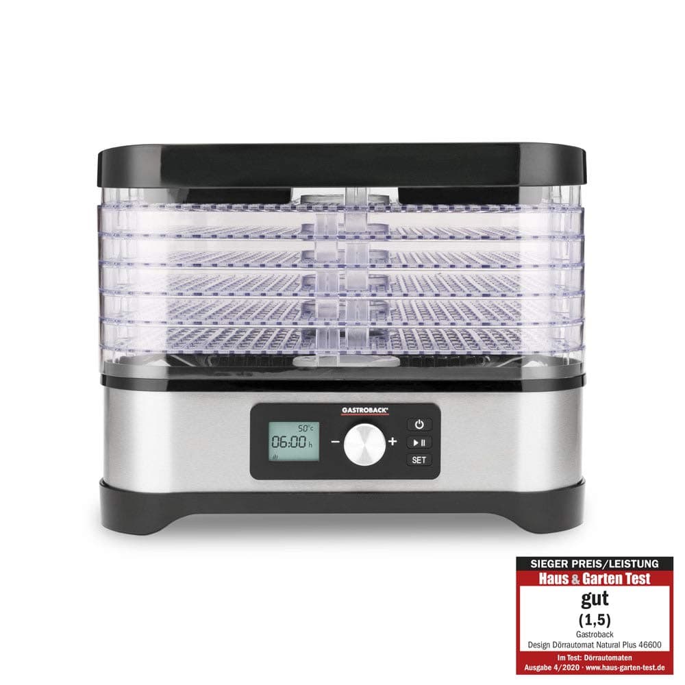 GASTROBACK46600 Design Natural Plus Dehydrator 6 Drying Racks 2 Cereal Bar Moulds Total Drying Area 4,800 cm² Temperature Adjustable 35 to 70°C 72 Hour Timer Silver Black