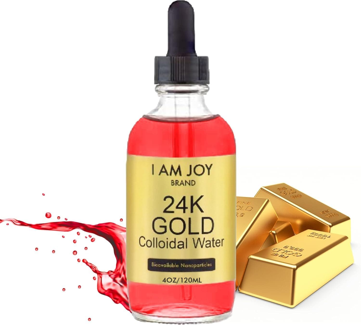 - I Am Joy co. Liquid Colloidal Gold 24k 99.99% Pure 100ppm Ruby Red Water Based All Natural Electrolysis 4oz Glass Bottle