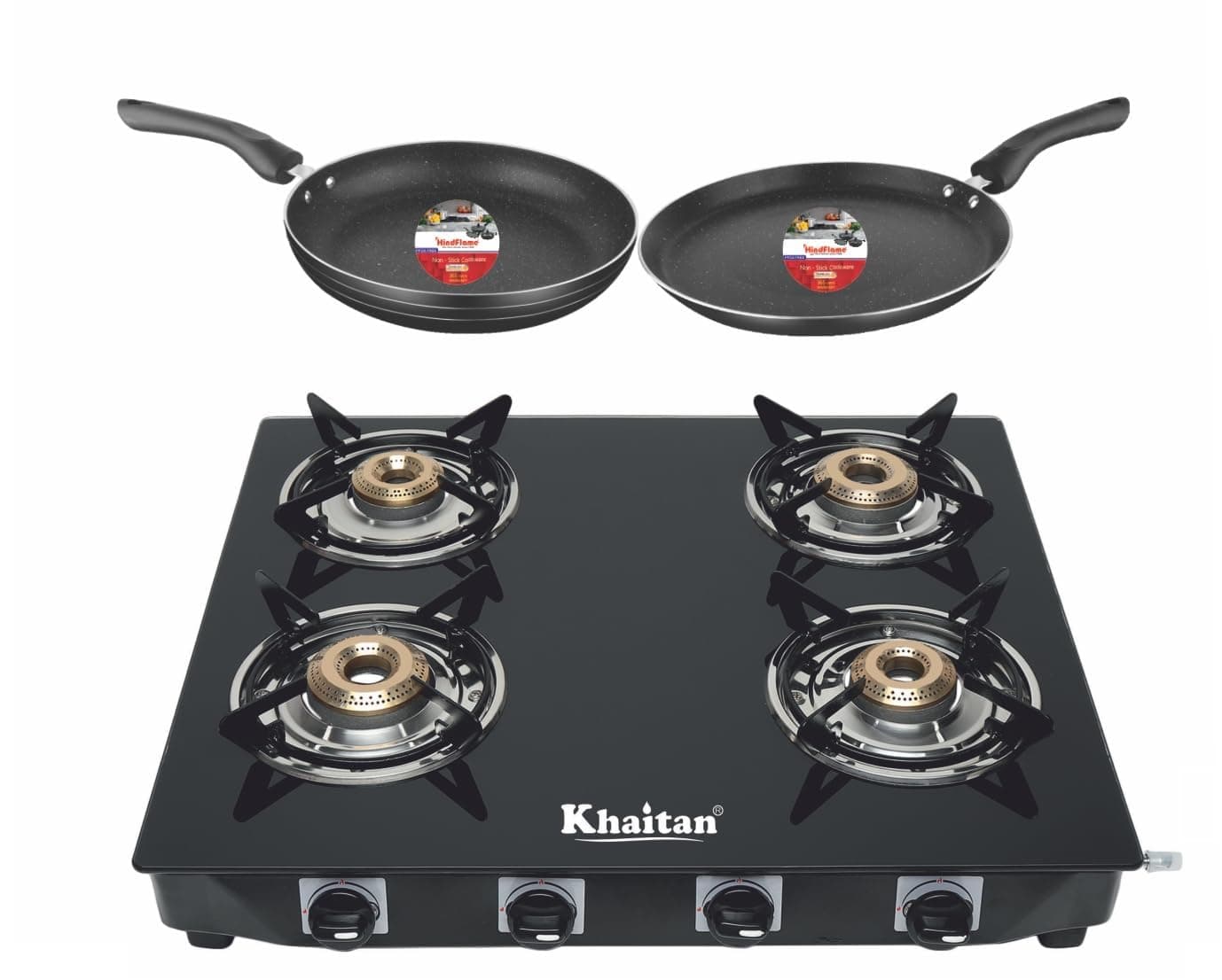 Khaitan Gas Stove Combo - One 4 Burner Active Forge Black Toughened Glass Gas Stove + 1 unit HF Dosa Tawa 250 mm + 1 unit HF Fry Pan 230 mm