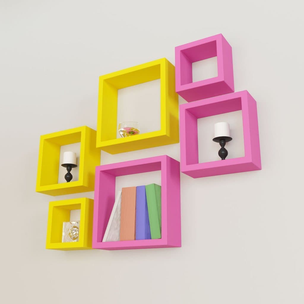 DecorNation MDF Wall Shelves Nesting Square Shape Set of 6 Wall Racks Shelves - Pink Yellow