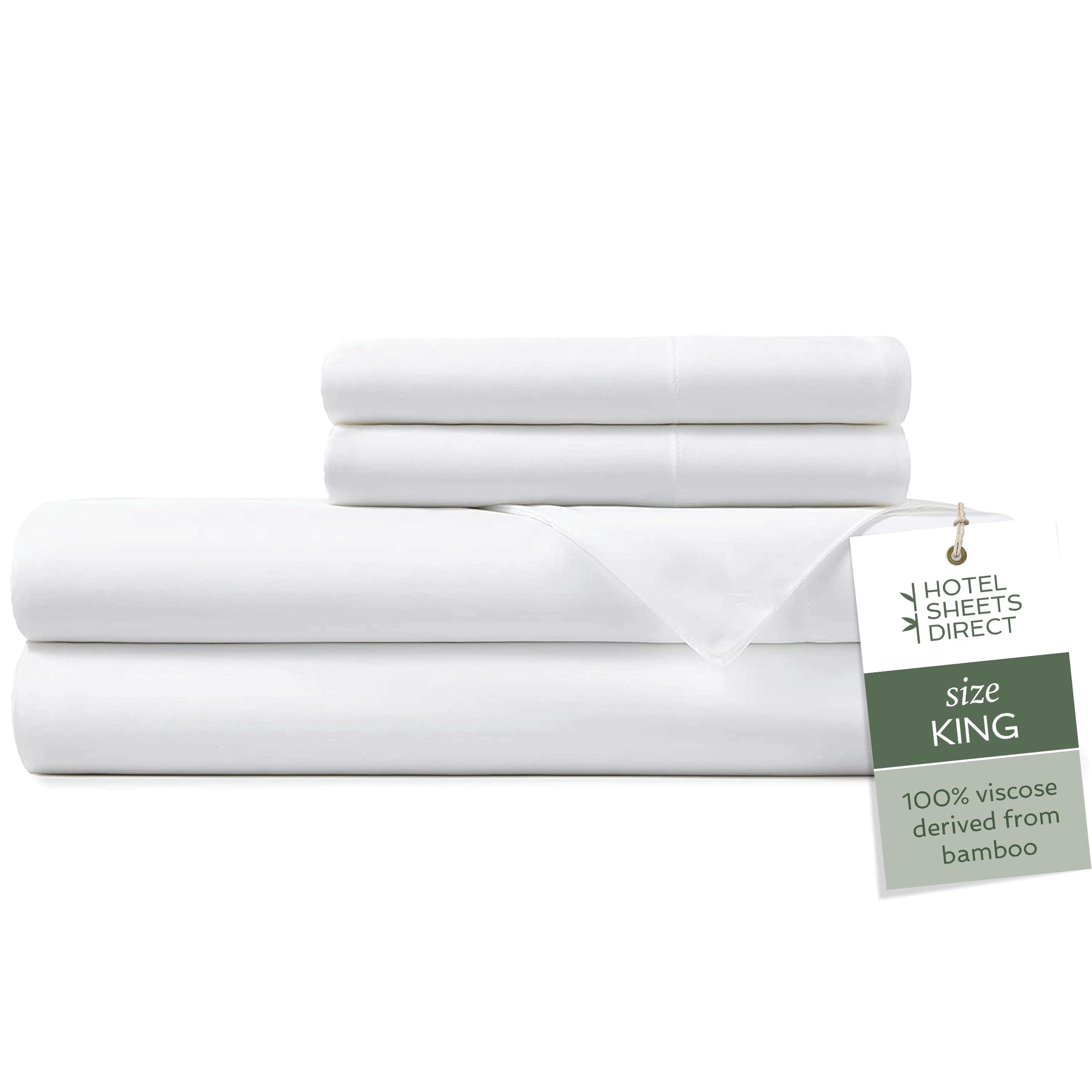 Hotel Sheets Direct 4 Piece Bed Sheet Set King Size, 100% Viscose Derived from Bamboo Sheets Set with 2 Pillowcases, Cooling & Breathable Luxury Bedding, Moisture-Wicking & Silky Soft Texture, White