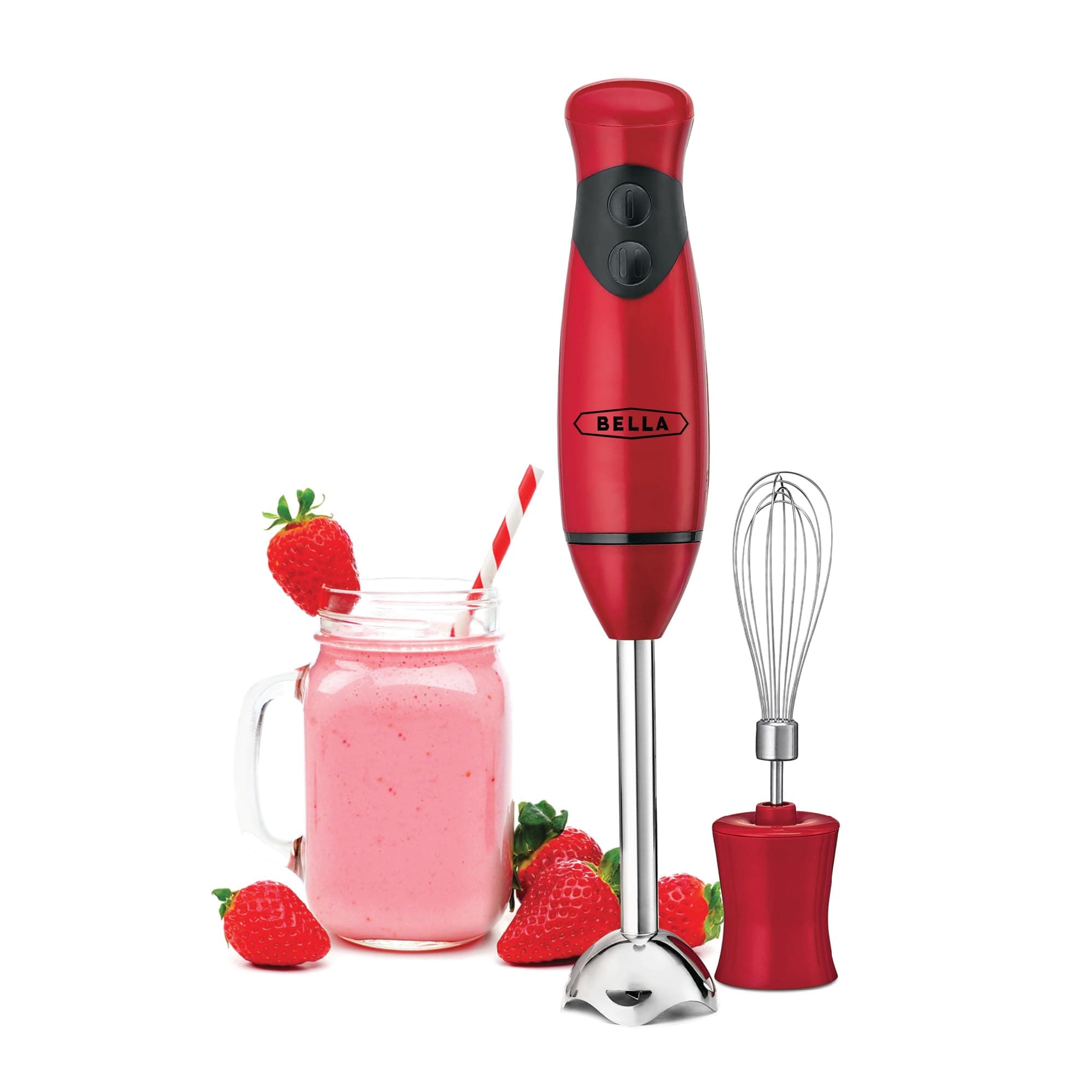 BELLA 2-Speed Hand Immersion Blender with Whisk Attachment, 250 Watt, Red, Immersion Blender with Dishwasher Safe Whisk & Blending Attachments for Food Prep (14460)