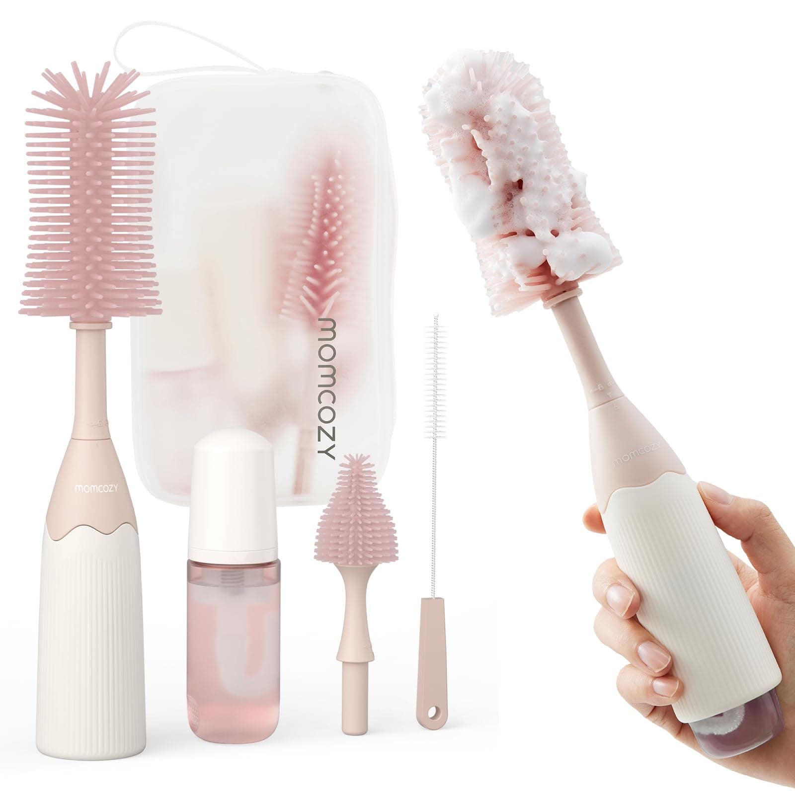 Bottle Brush Kit, Innovative Push-Press Design for Better Cleaning - Baby Bottle Cleaner Brush for Baby Bottle, Breast Pumps, , and More - Can Generate Foam for Better Cleaning, Pink