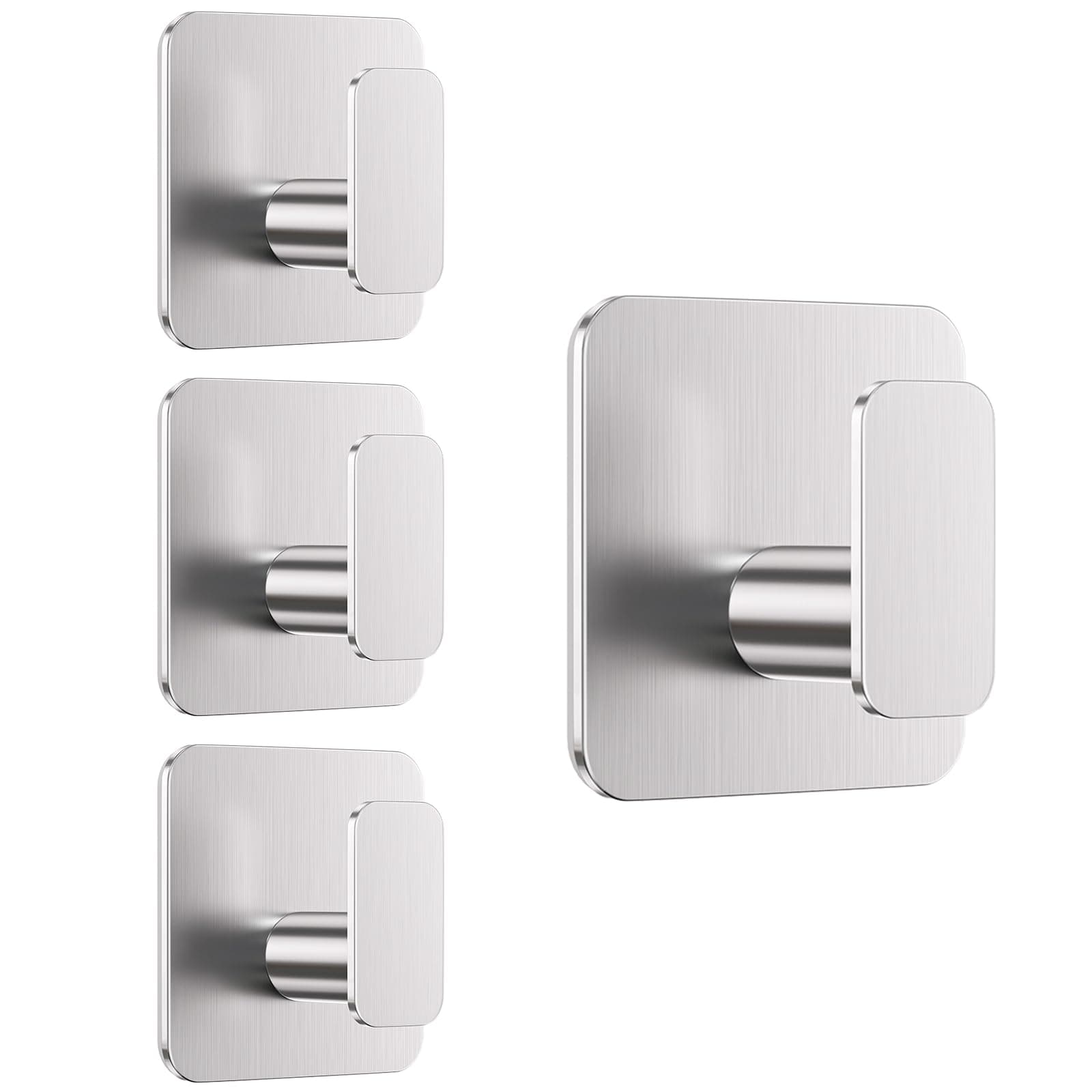 Silver Hooks for Hanging Heavy Duty, Adhesive Hooks for Shower, Bathroom, Kitchen, Robe, Towel, Coat, Waterproof & Rustproof Hook for Walls No Damage, Sticky Wall Towel Hooks - 4 Pack