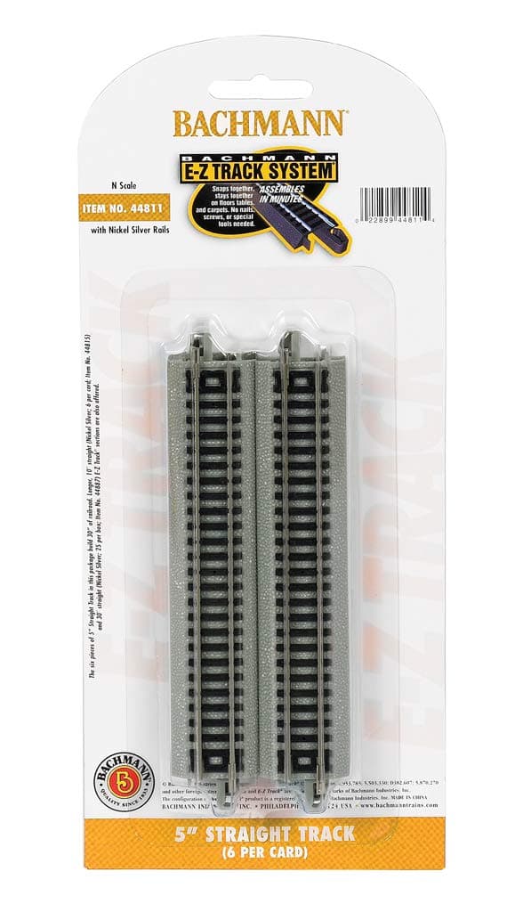 Trains - Snap-Fit E-Z TRACK 5” STRAIGHT TRACK (6/card) - NICKEL SILVER Rail With Grey Roadbed - N Scale, 8
