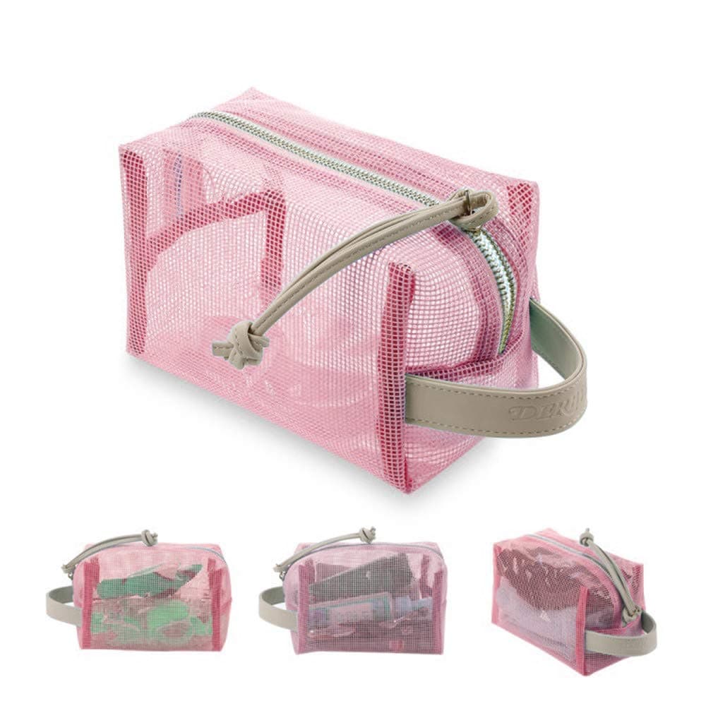 Toiletry Bag 2 Layers Soft Mesh Cosmetics Bag,Make up Bag,Travel Luggage Organiser Bag, Beach Transparent Hanging Portable Waterproof Storage for Bathroom Grooming Shaving Bag-Pink