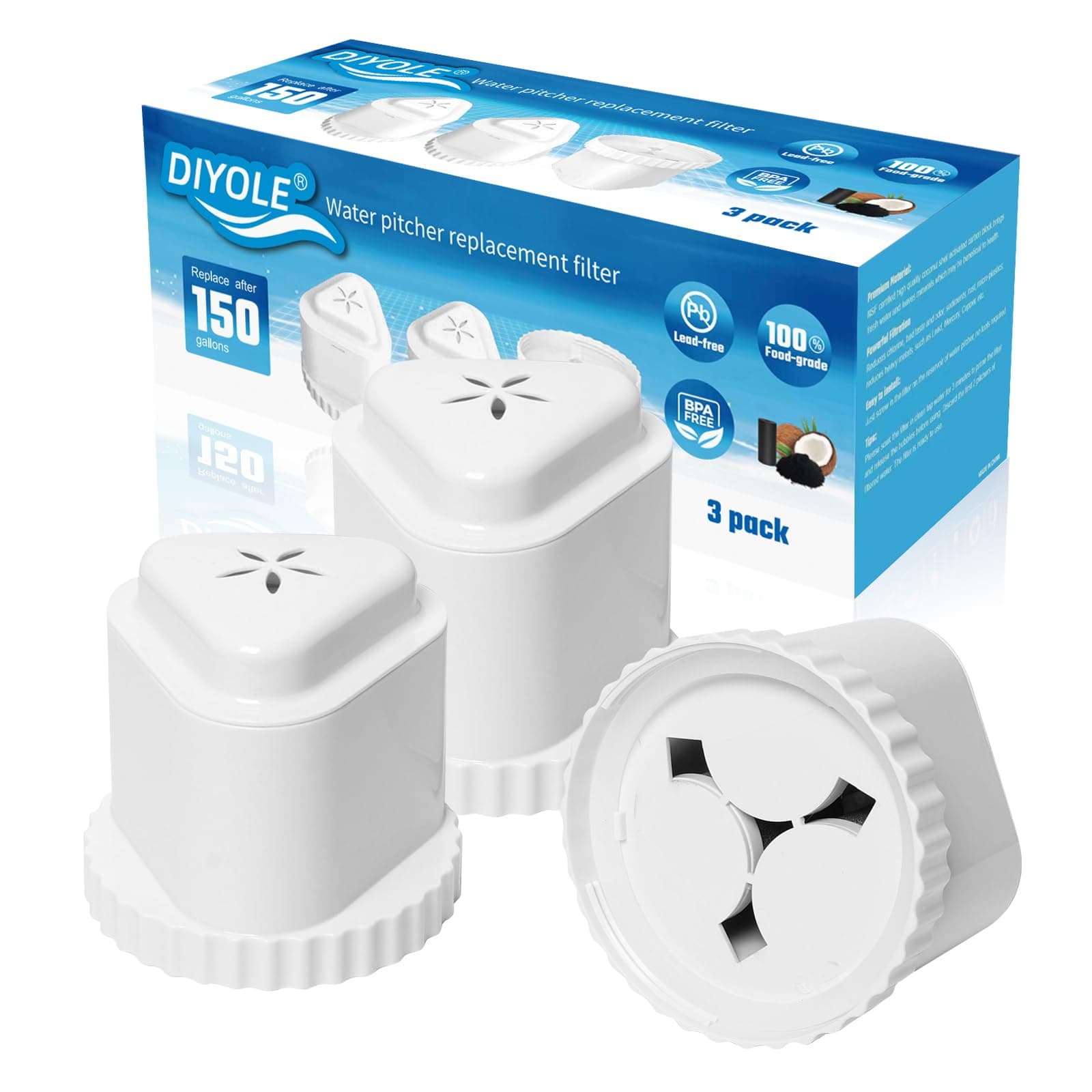 3Pack Replacement Filter for Epic Water Pitcher, Pitcher Compatible with Aquagear/Seychelle, Greatly Reduces Sediment, Chlorine, Lead, Heavy Metals and Odors, BPA Free, Up to 150 Gallons (DIYOLE-E)