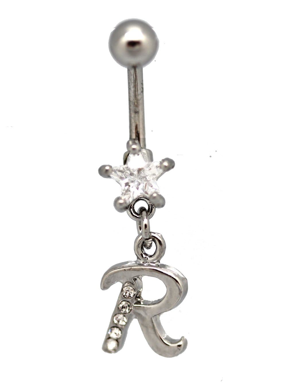 Initial R Charm Belly Ring Star Diamond Studded Letter R Bananabell (14 G) 1pc