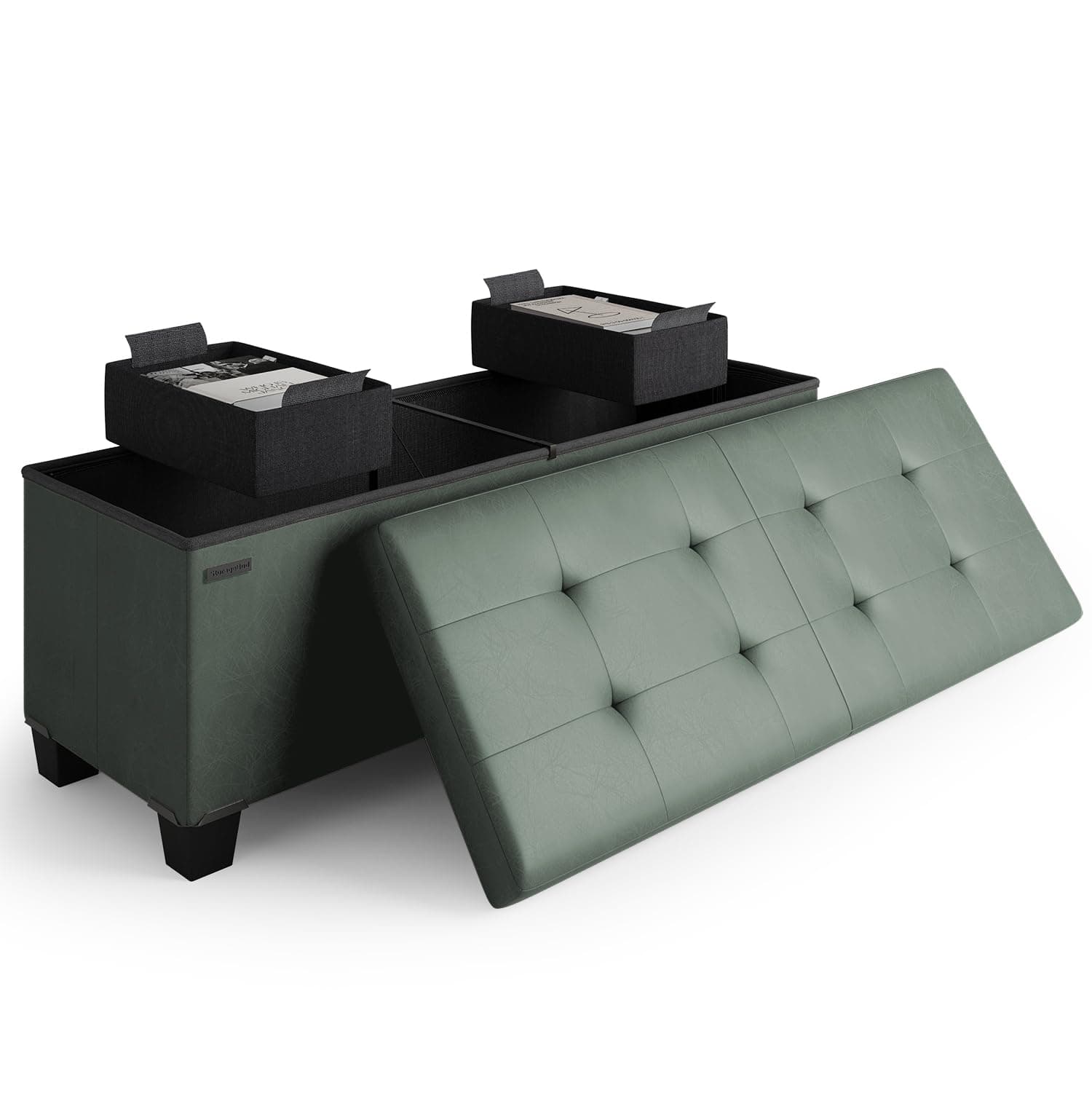 Storage Ottoman Bench with Bins, 43-in Storage Bench for Bedroom End of Bed, Folding Foot Rest Ottoman for Living Room Max 660lbs, Leather Ottomans, Green