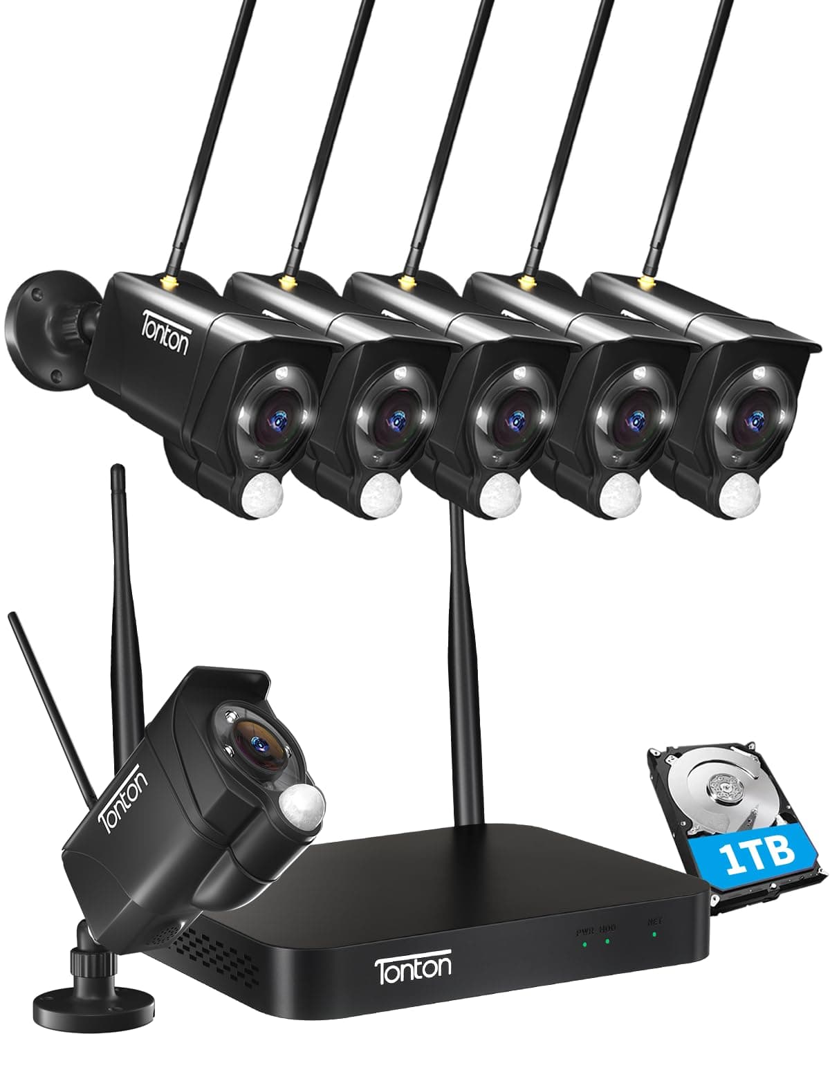 (Floodlight +2 Way Audio) Tonton Wireless CCTV Camera System Outdoor 10CH 5MP NVR with 6x3MP Security Cameras, PIR Motion Detection, Full Colour Night Vision, 24/7 Recording, 1TB Hard Drive Included