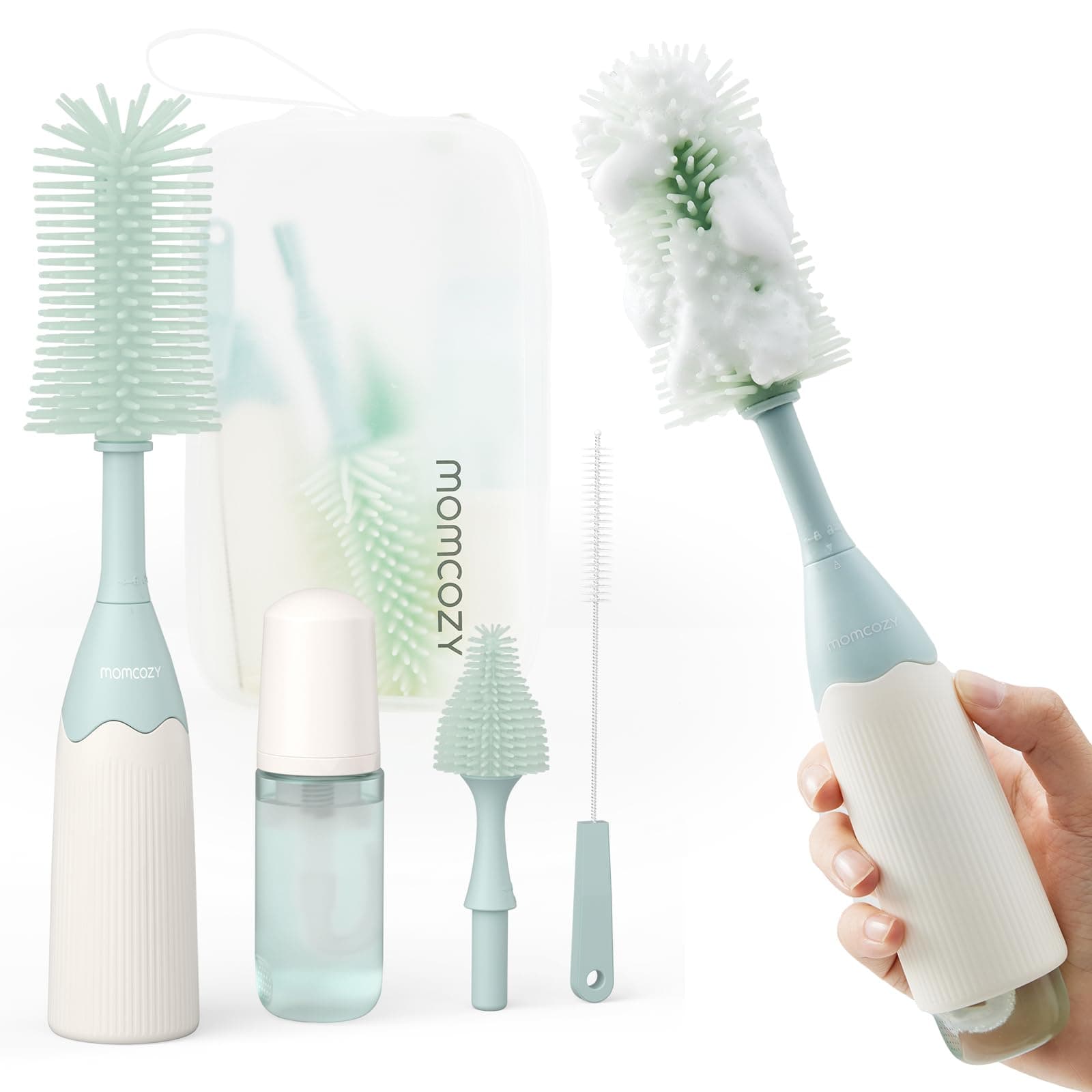 Momcosy Bottle Brush Kit, Innovative Push-Press Design for Better Cleaning - Bottle Cleaner Brush for Bottles, Breasts, Nipples and More - Produces Foam for Better Cleaning, Green