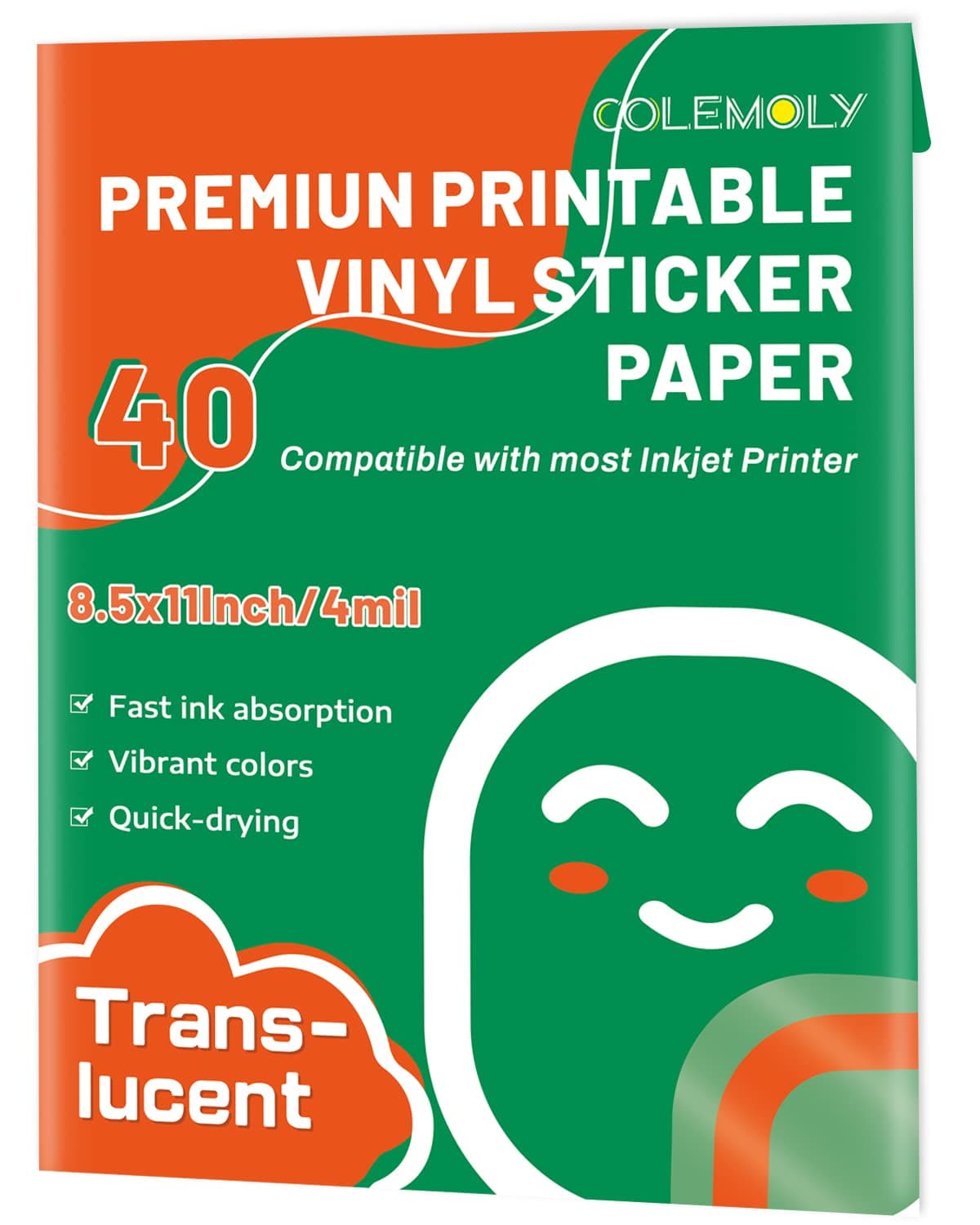 Colemoly Sticker Paper Translucent Printable Vinyl for Inkjet Printer 40 Sheets Waterproof Dries Quickly Decal Self-Adhesive Frosty Clear Labels Tear Resistant Vivid Colors 8.5x11 for Laser,Craft