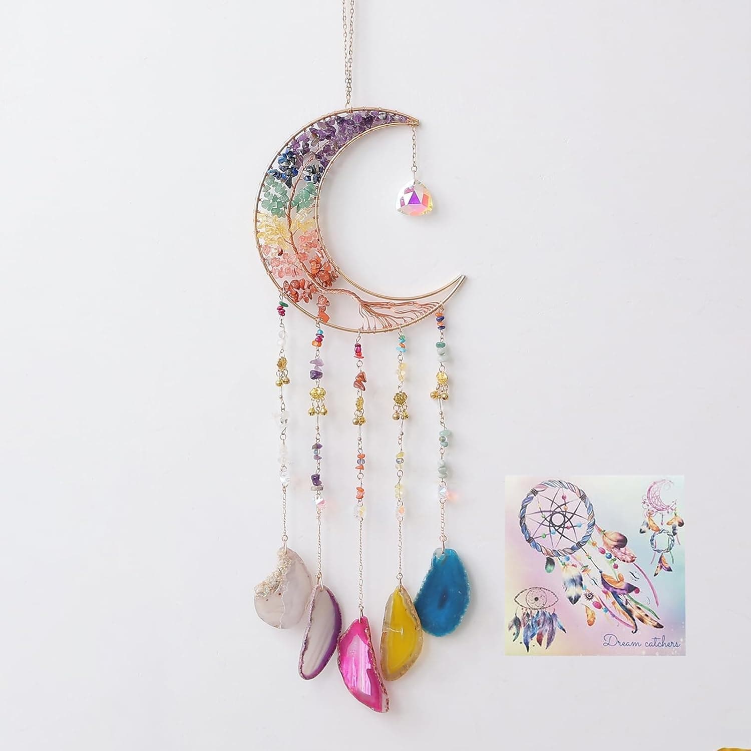 7 Chakra Wind Chimes Tree of Life Agate Moon Dream Catchers Hanging Ornament Natural Gem Agate Slice Crystal Wind Chime for Home Garden Decoration (Color)