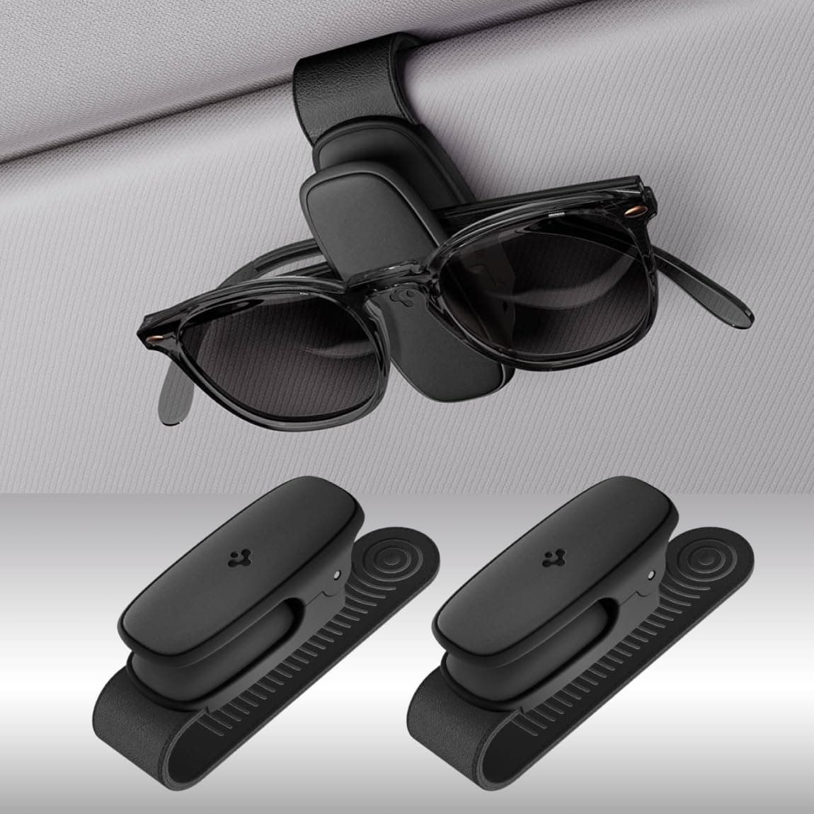 Spigen 2 Pack Silicone Clip Sunglass Holder for Car Sun Visor - Eyeglasses, Sunglasses, Ticket Card Clip for All Cars - Car Sun Visor Accessories - (Black)
