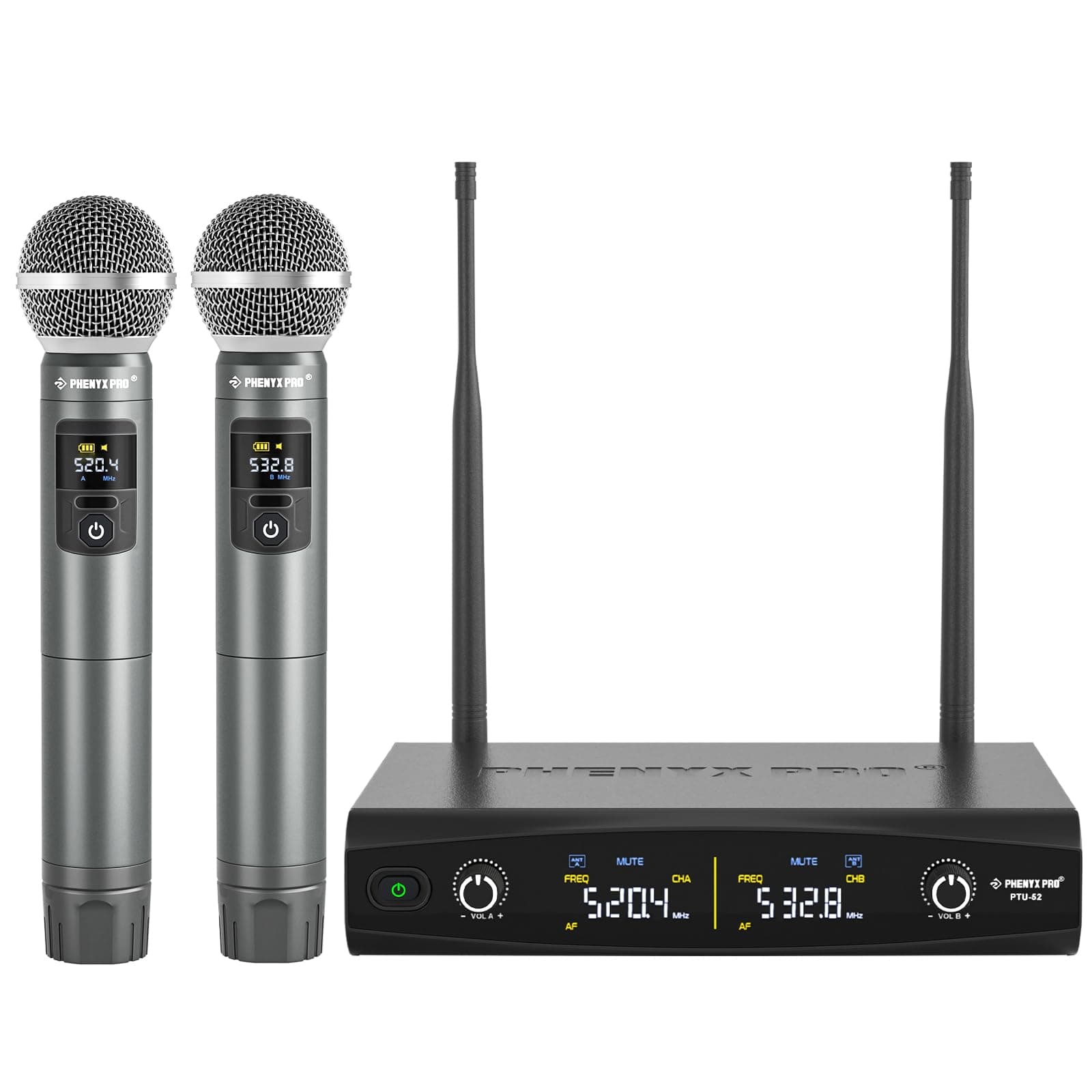 – UHF Wireless Handheld Microphone System, 30 Adjustable Frequency Cordless Mic Sets, All Metal Build, 200ft Coverage, Suitable for Home Karaoke, Weddings, DJ, Church (PTU-52)