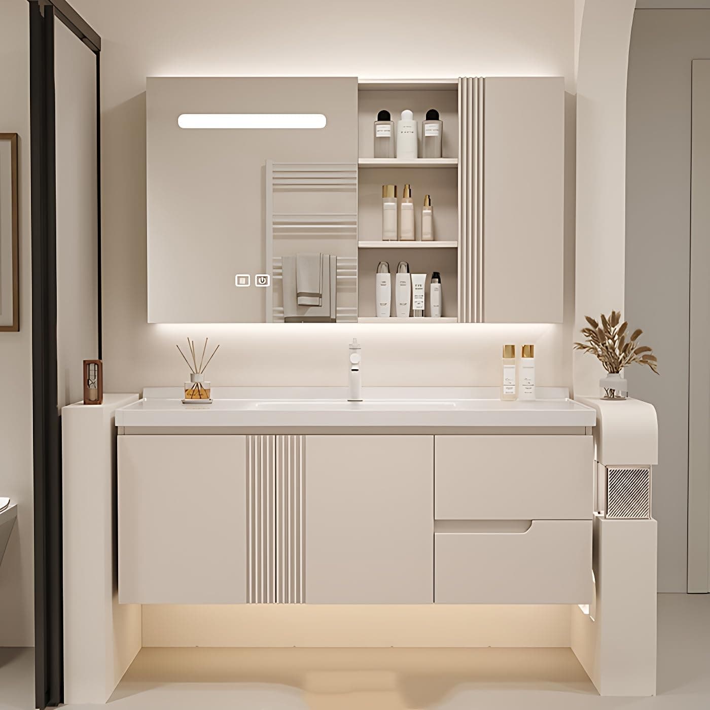 Bathroom Vanity with Sink - Floating Bathroom Vanity Contains LED Smart Defog Mirror Cabinet | Solid Wood Bathroom Vanity | Wall Mounted Installation (56")