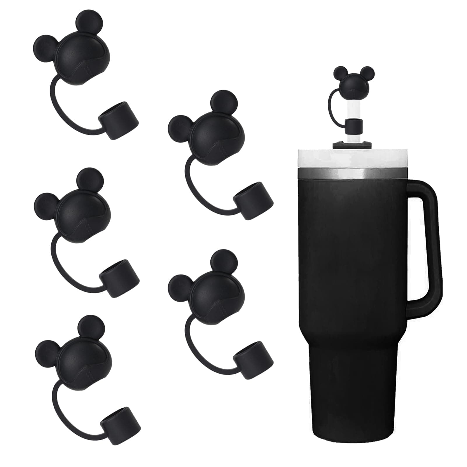 5 pcs Black Bear Straw Covers Cap Toppers Compatible with Stanley 30&40 oz Tumbler Cups,Reusable Cute Silicone Straw Tips Lids Protectors for 0.4 in/10mm Stanley Cups Straws Accessories