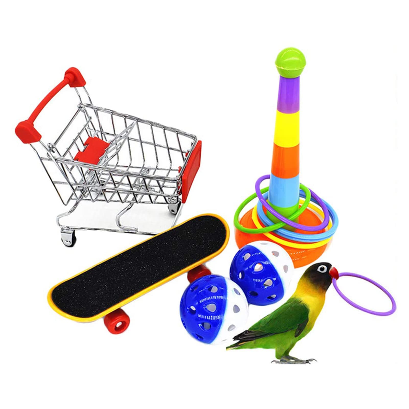 5 Pack Parrot Intelligence Toy Set, Skateboard, Shopping Cart, Stacking Rings & Ball, Standing Training Toys for Parrots, Parakeets, Cockatiels(The color of the ball is random)