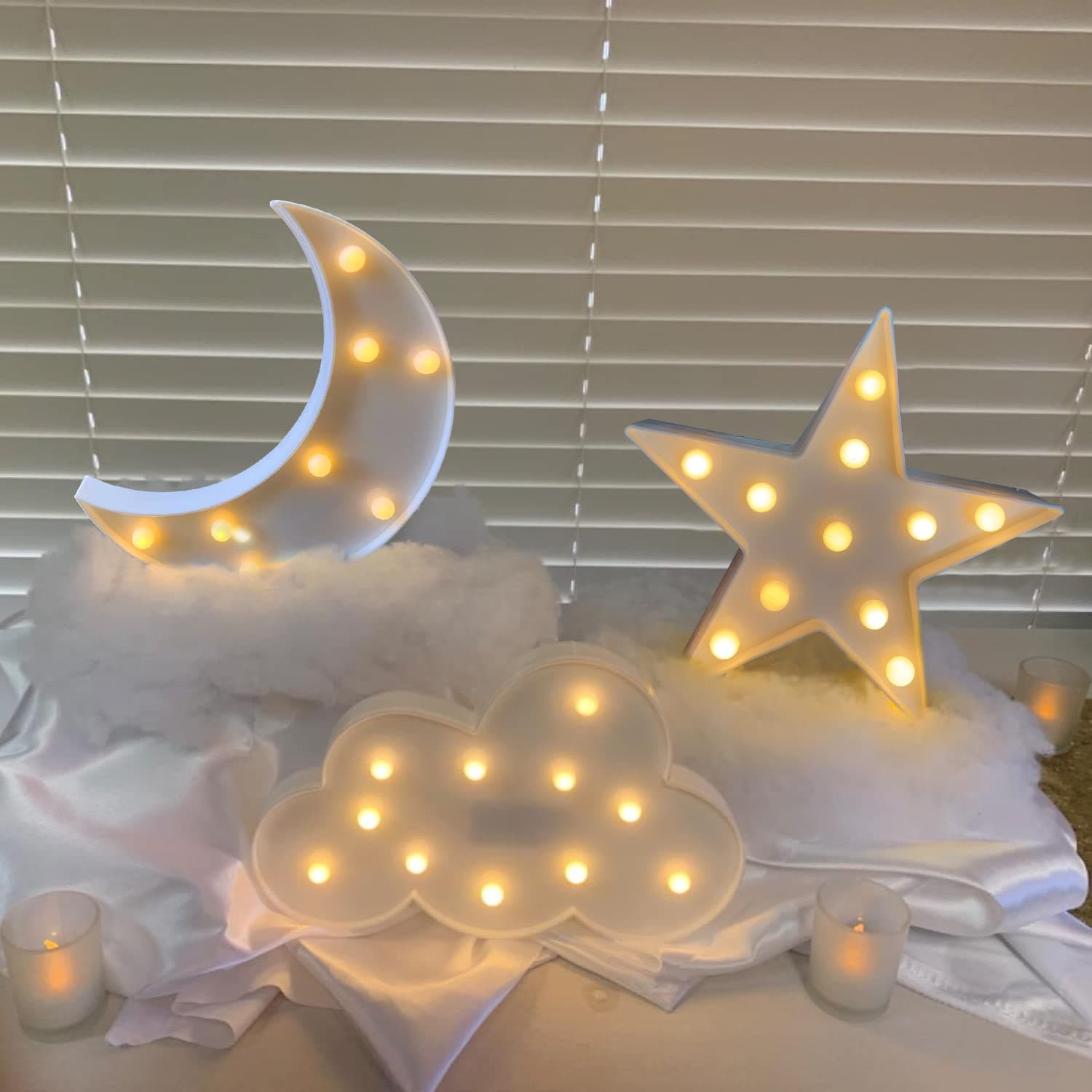 Stars Moon Clouds Logo Night Light, Plastic, White, Decorative Art Lamp