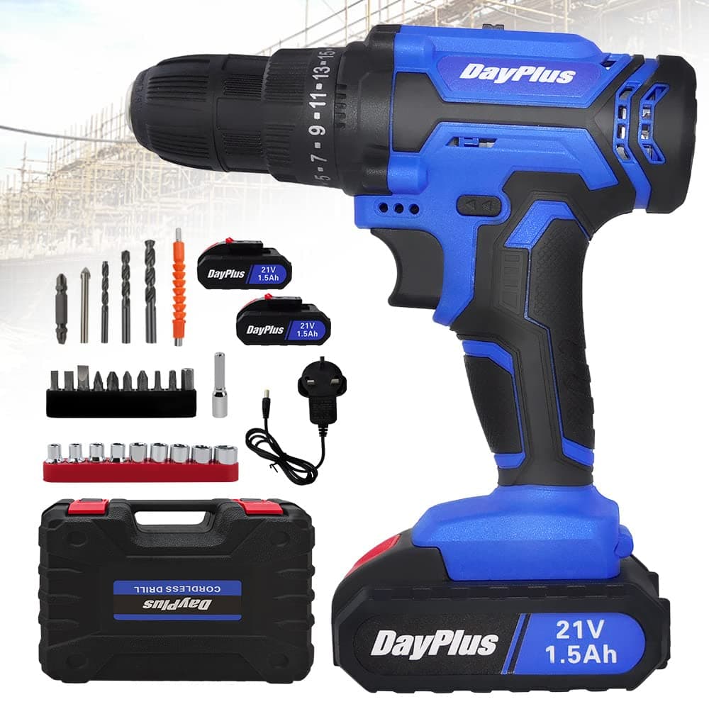Cordless Drill Driver Kit, 21V Battery Drill Set, Electric Bolt Screwdriver, 2X Li-Ion Batteries, Fast Charger, 25+1 Clutch, 45N.m High Torque, 2 Speeds, Forward and Reverse Setting, LED Light