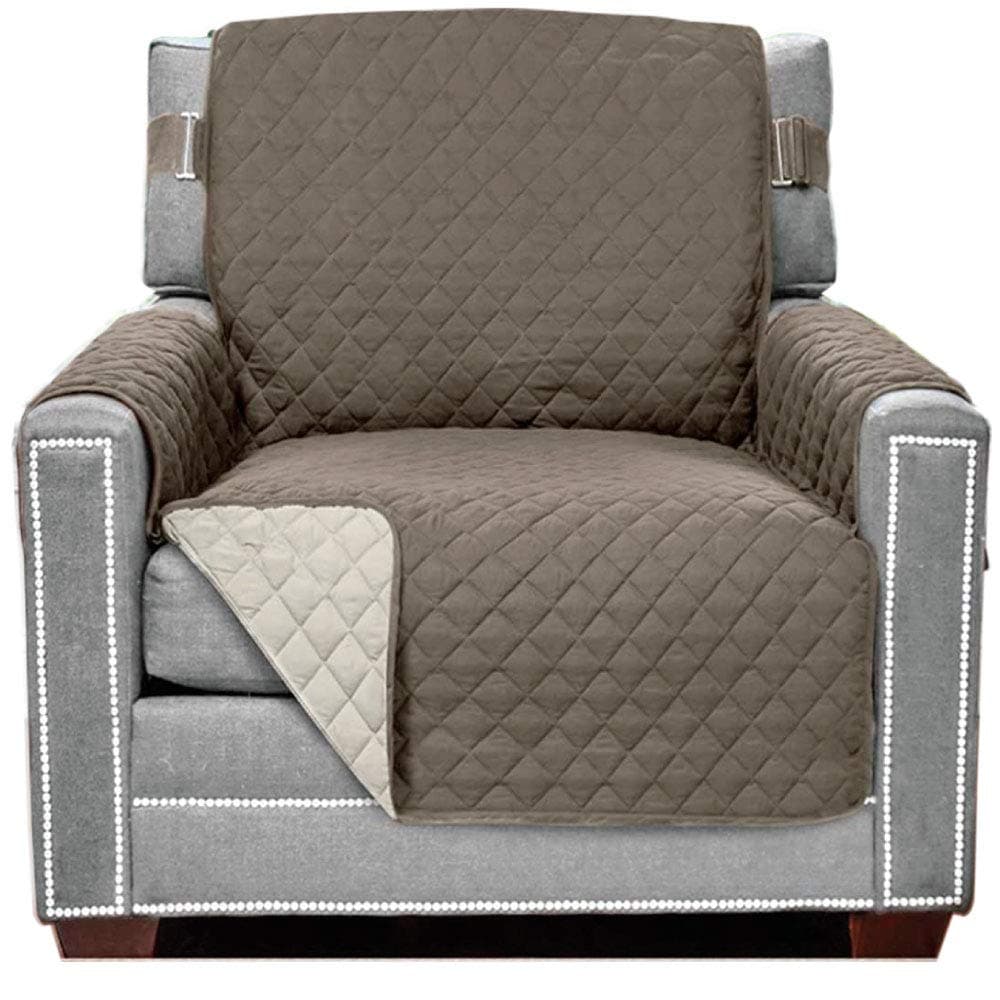 Sofa Shield Chair Slip Cover with Patented Strap, Cushion Protector, Reversible Stain and Dog Tear Resistant Slipcover, Quilted Microfiber 23in Seat, Washable Covers for Dogs Pets Kids, Latte Linen