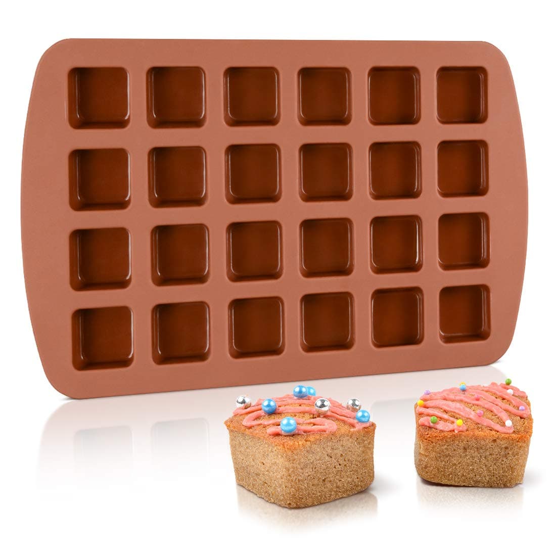 Bite-Size Brownie Silicone Baking Molds - Square Small Brownie Pan 24-Cavity Silicone Molds