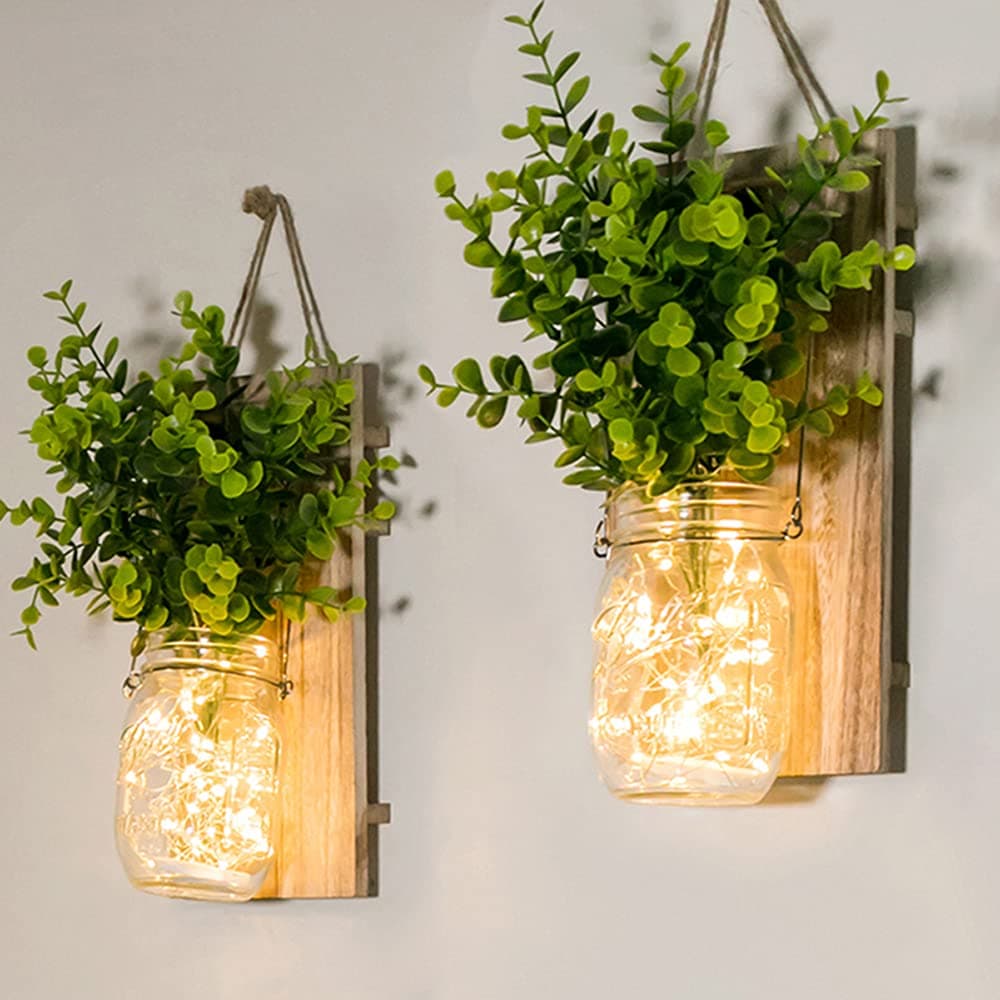 Rustic Wall Sconces, Mason Jar Sconces, Farmhouse Home Decor, LED Fairy Lights, Green Fake Plant, Interior Decoration Warm Toned Lighting. (2 Pack)