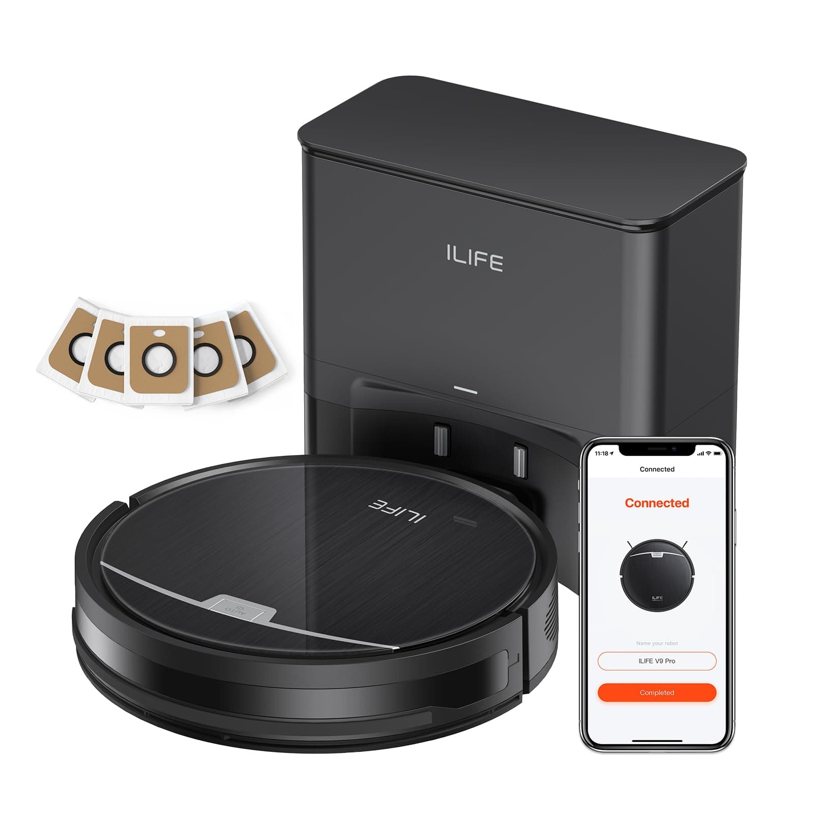 iLifeV9 Pro Robot Vacuum and Mop Combo, Self Emptying Robot Vacuum Cleaner, 3000Pa Strong Suction, Gyro Navigation, App/Alexa/Remote Control, Works with 2.4G Wifi, Ideal for Hard Floors, Black