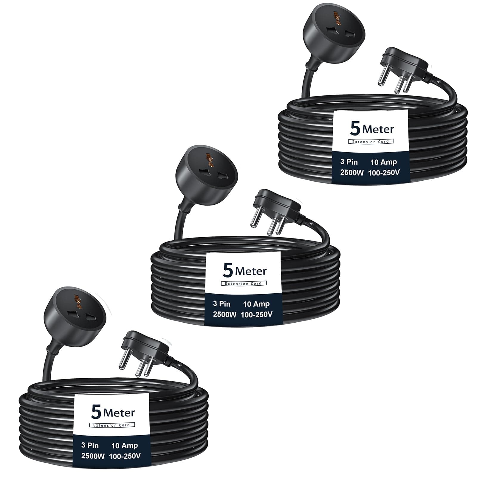 Hoteon Extension Board with 5 Meter Heavy Duty Long Wire Cord, Single Outlet Socket 2500W 10A Expandable Electric Extension, 3 pin Extension Cord (5M/ Black)-3Pcs